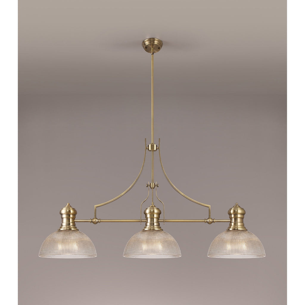NLK03639 Louis 3 Light Telescopic Pendant With 30cm Prismatic Glass Shade Antique Brass/Clear