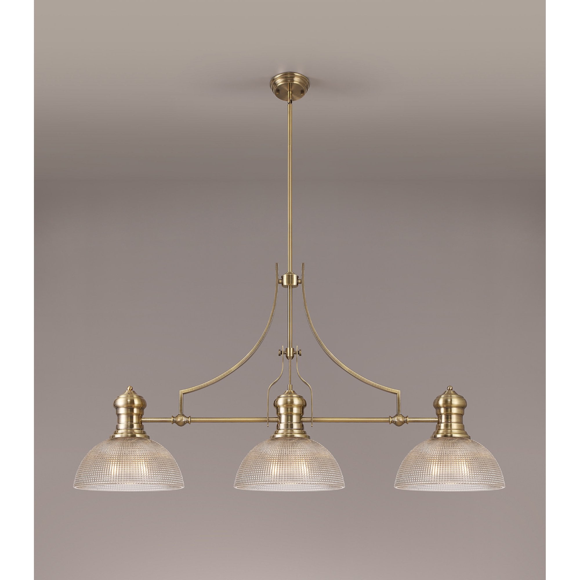NLK03639 Louis 3 Light Telescopic Pendant With 30cm Prismatic Glass Shade Antique Brass/Clear