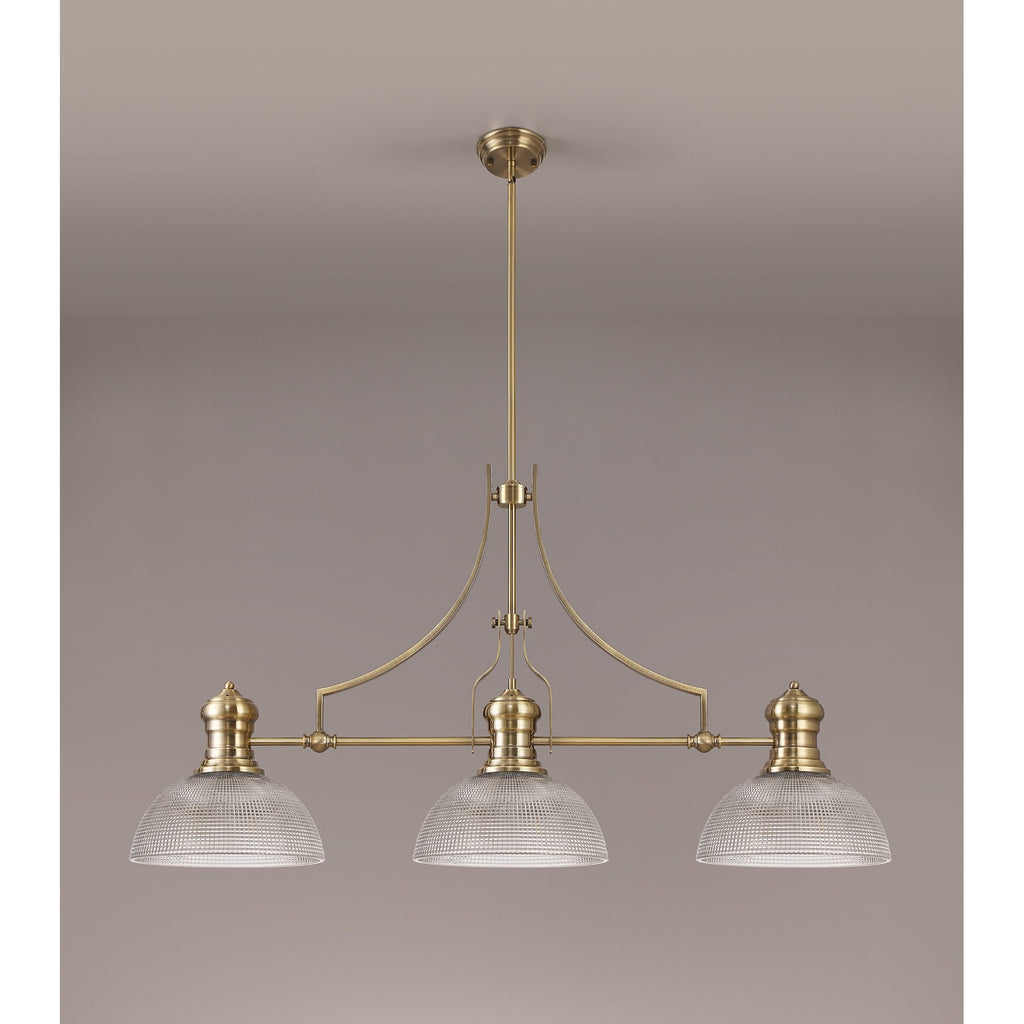 NLK03639 Louis 3 Light Telescopic Pendant With 30cm Prismatic Glass Shade Antique Brass/Clear