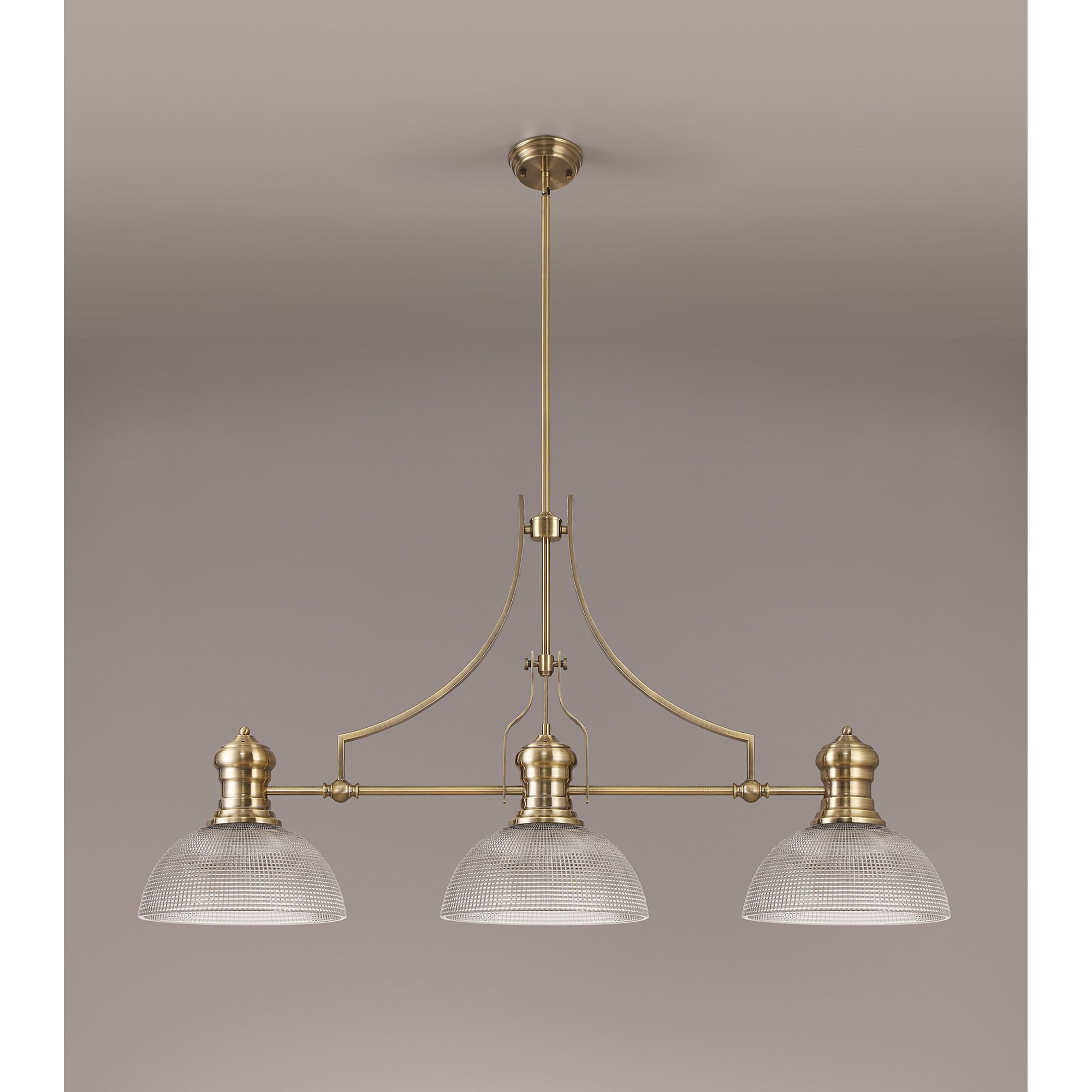 NLK03639 Louis 3 Light Telescopic Pendant With 30cm Prismatic Glass Shade Antique Brass/Clear