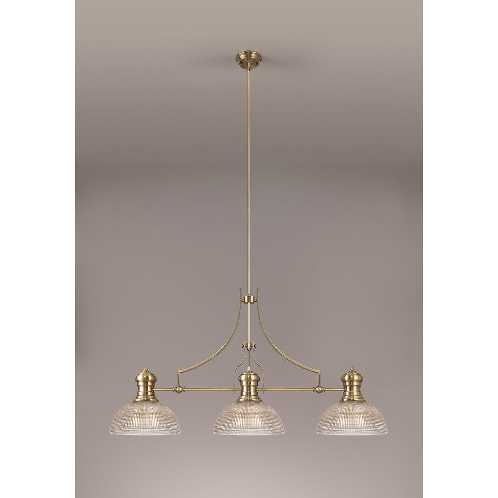 NLK03639 Louis 3 Light Telescopic Pendant With 30cm Prismatic Glass Shade Antique Brass/Clear