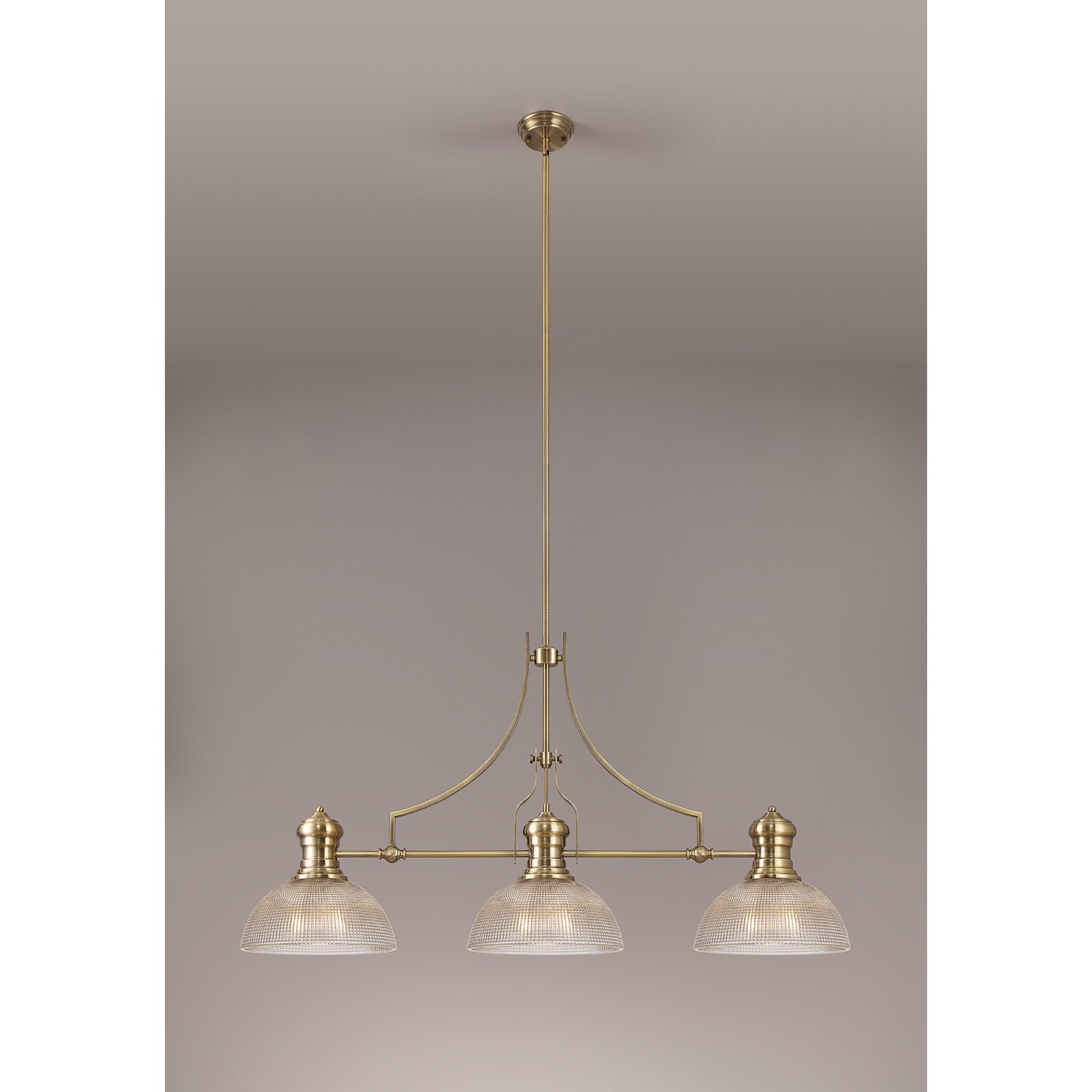 NLK03639 Louis 3 Light Telescopic Pendant With 30cm Prismatic Glass Shade Antique Brass/Clear