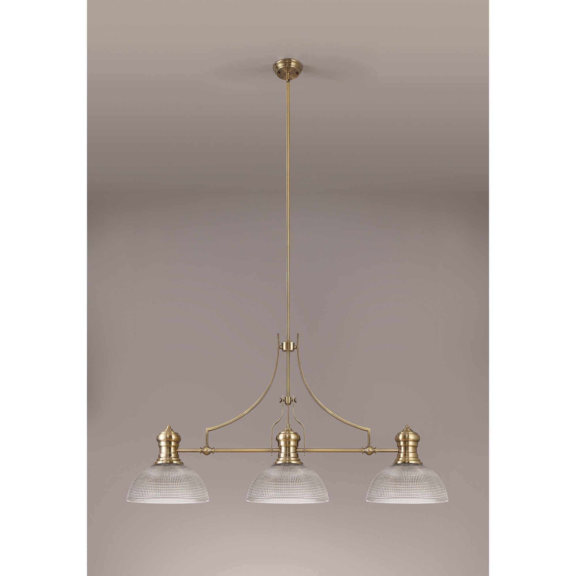 NLK03639 Louis 3 Light Telescopic Pendant With 30cm Prismatic Glass Shade Antique Brass/Clear