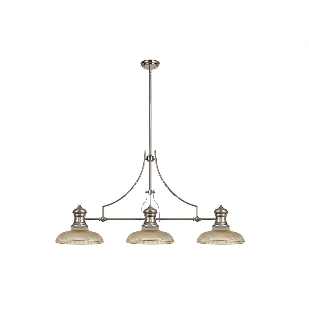 NLK03649 Louis 3 Light Telescopic Pendant With 30cm Round Glass Shade Polished Nickel/Amber