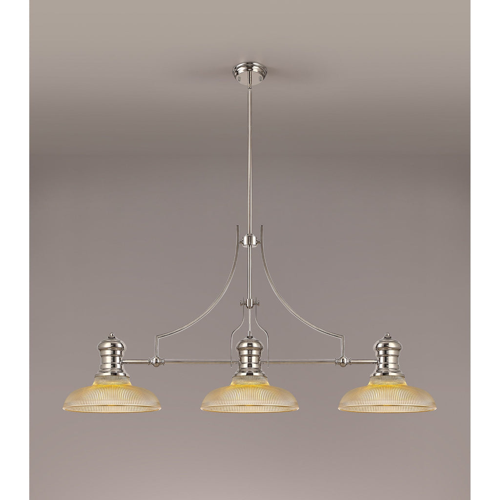 NLK03649 Louis 3 Light Telescopic Pendant With 30cm Round Glass Shade Polished Nickel/Amber