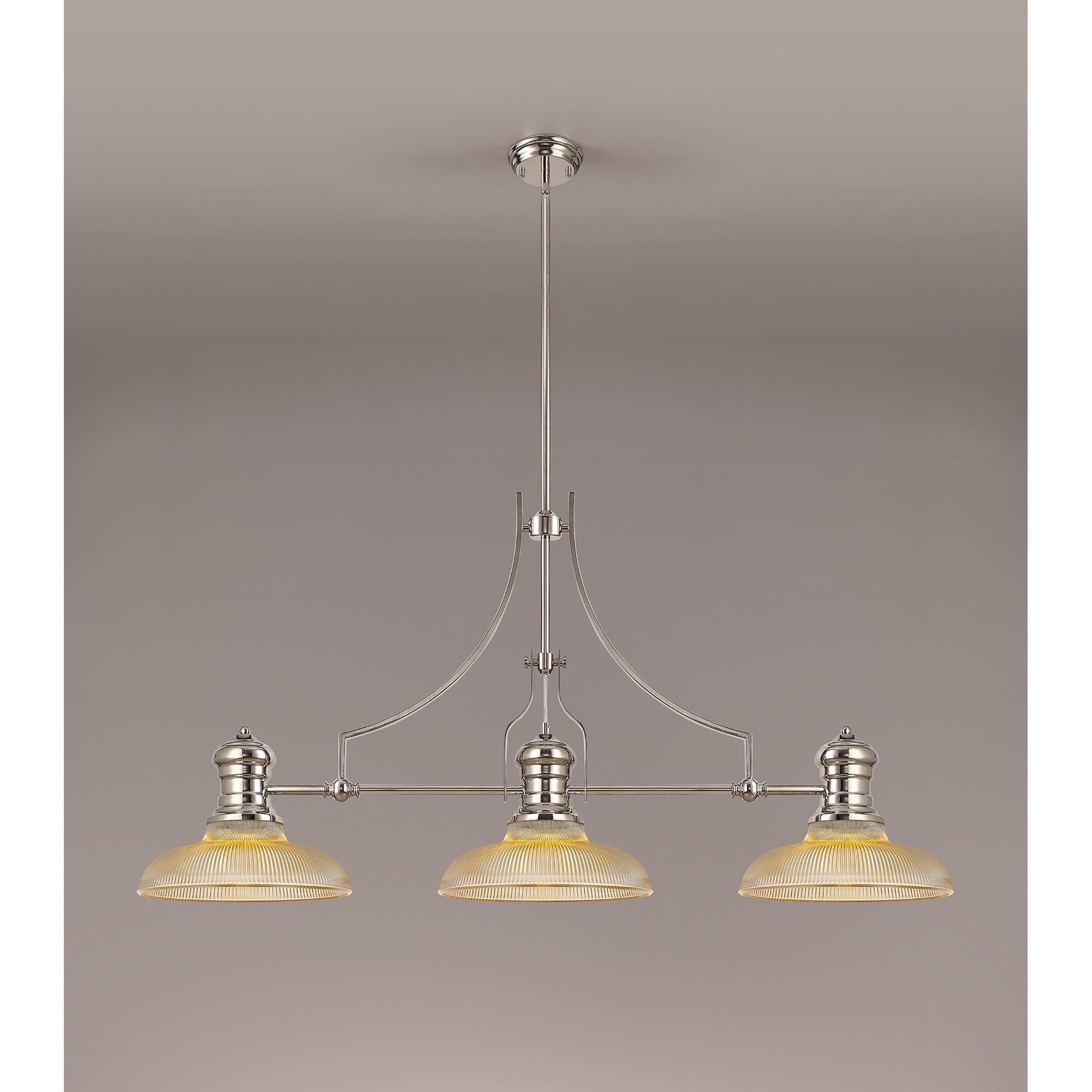 NLK03649 Louis 3 Light Telescopic Pendant With 30cm Round Glass Shade Polished Nickel/Amber