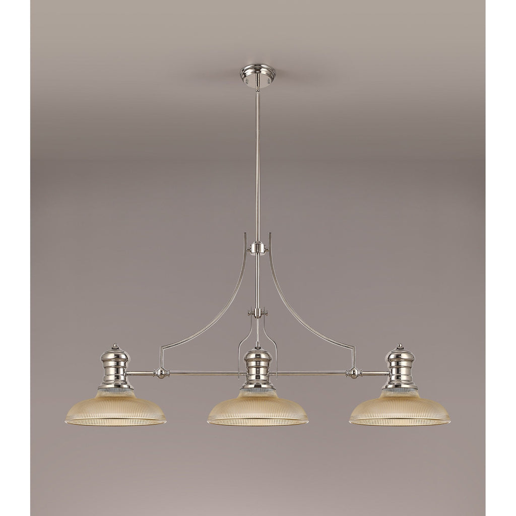 NLK03649 Louis 3 Light Telescopic Pendant With 30cm Round Glass Shade Polished Nickel/Amber
