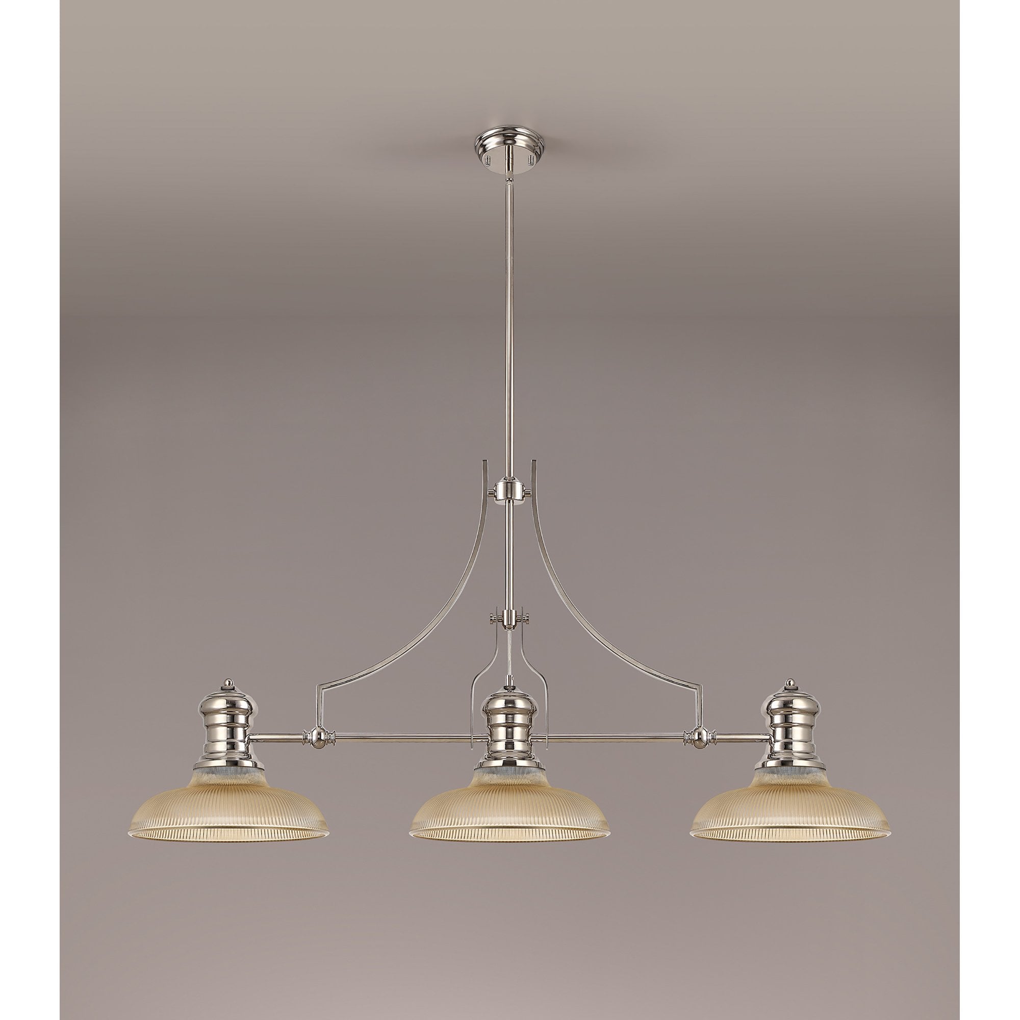 NLK03649 Louis 3 Light Telescopic Pendant With 30cm Round Glass Shade Polished Nickel/Amber