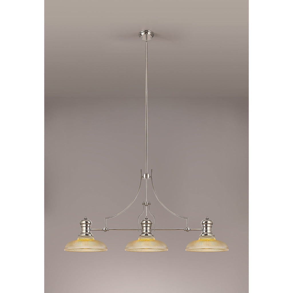 NLK03649 Louis 3 Light Telescopic Pendant With 30cm Round Glass Shade Polished Nickel/Amber