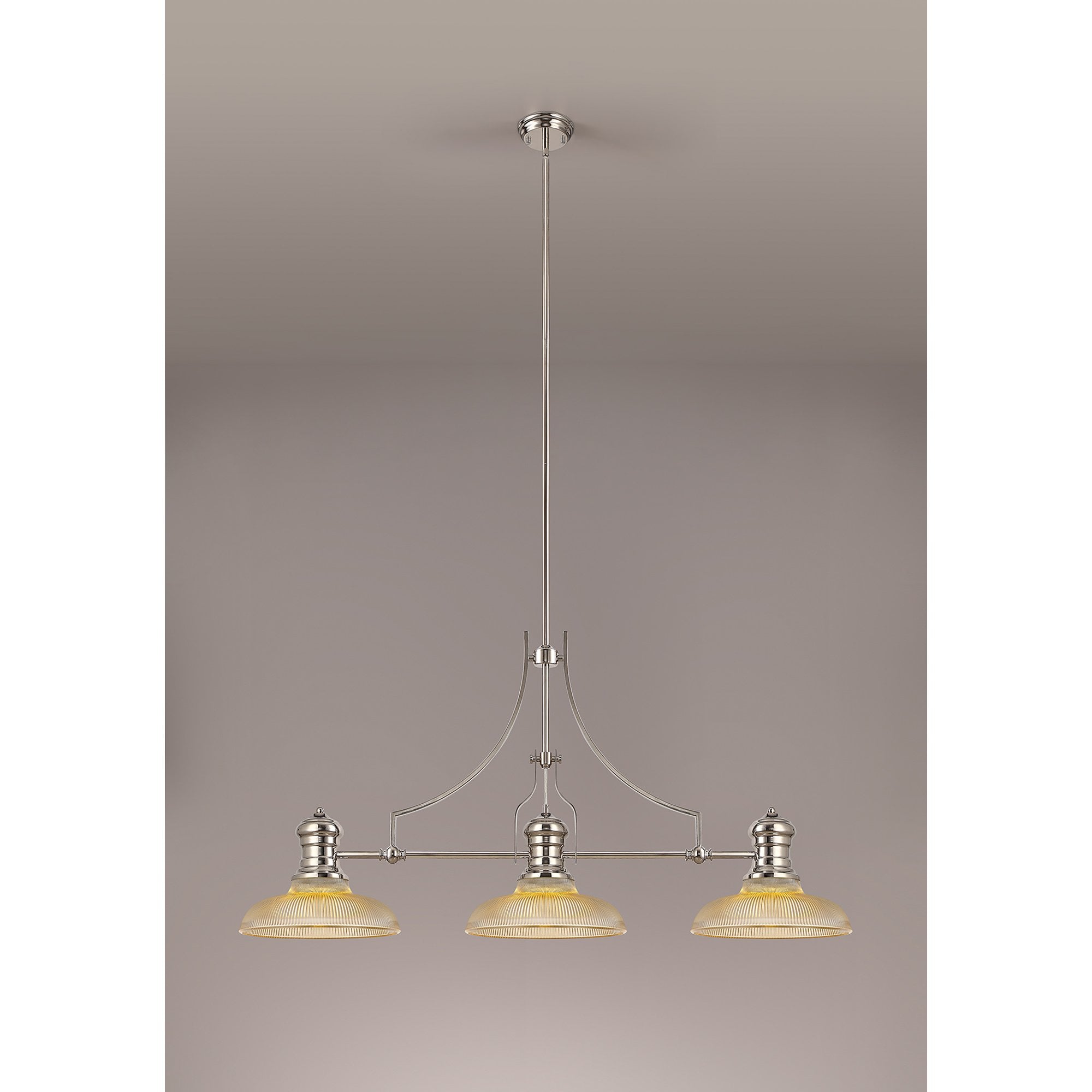 NLK03649 Louis 3 Light Telescopic Pendant With 30cm Round Glass Shade Polished Nickel/Amber