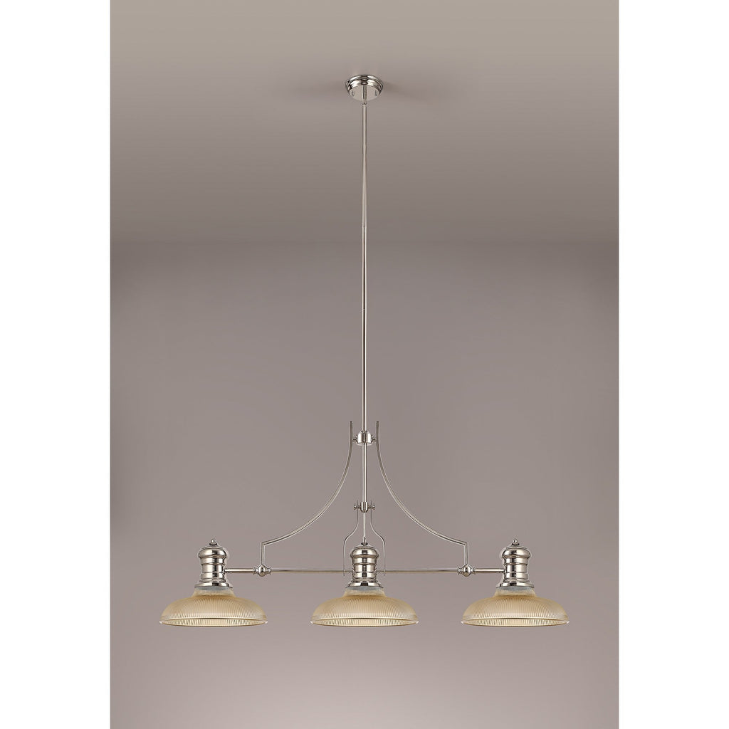 NLK03649 Louis 3 Light Telescopic Pendant With 30cm Round Glass Shade Polished Nickel/Amber