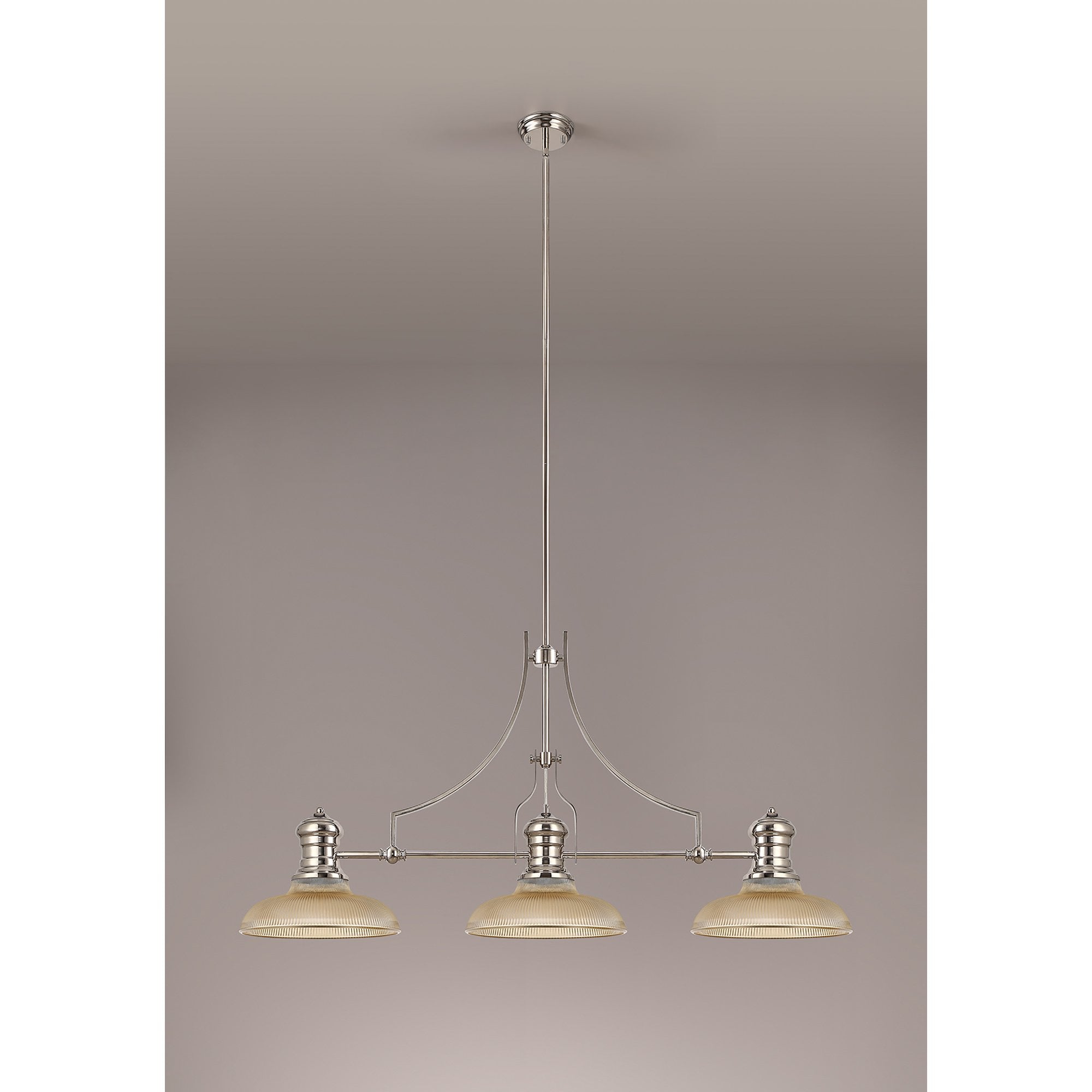 NLK03649 Louis 3 Light Telescopic Pendant With 30cm Round Glass Shade Polished Nickel/Amber