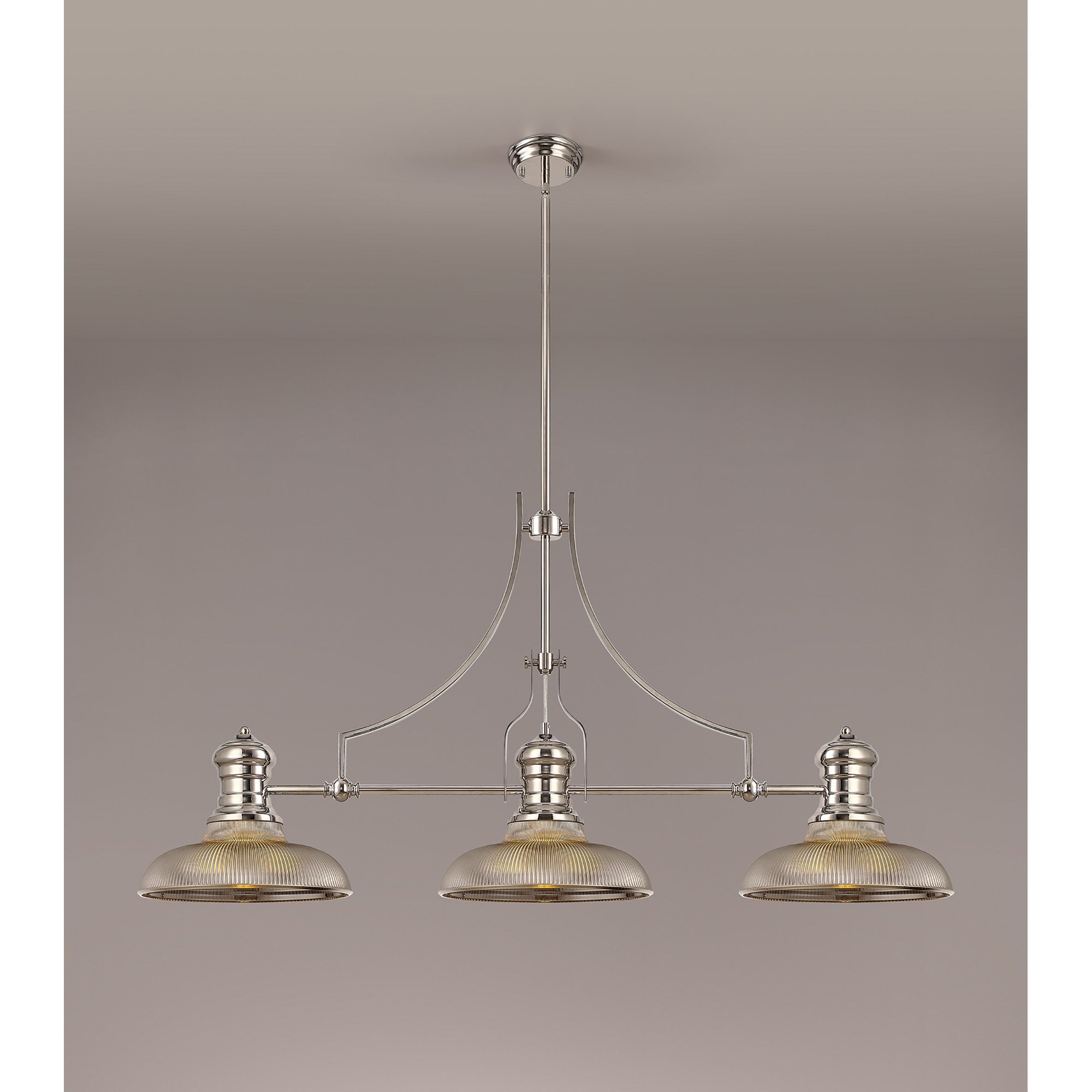 NLK03659 Louis 3 Light Telescopic Pendant With 30cm Round Glass Shade Polished Nickel/Smoked