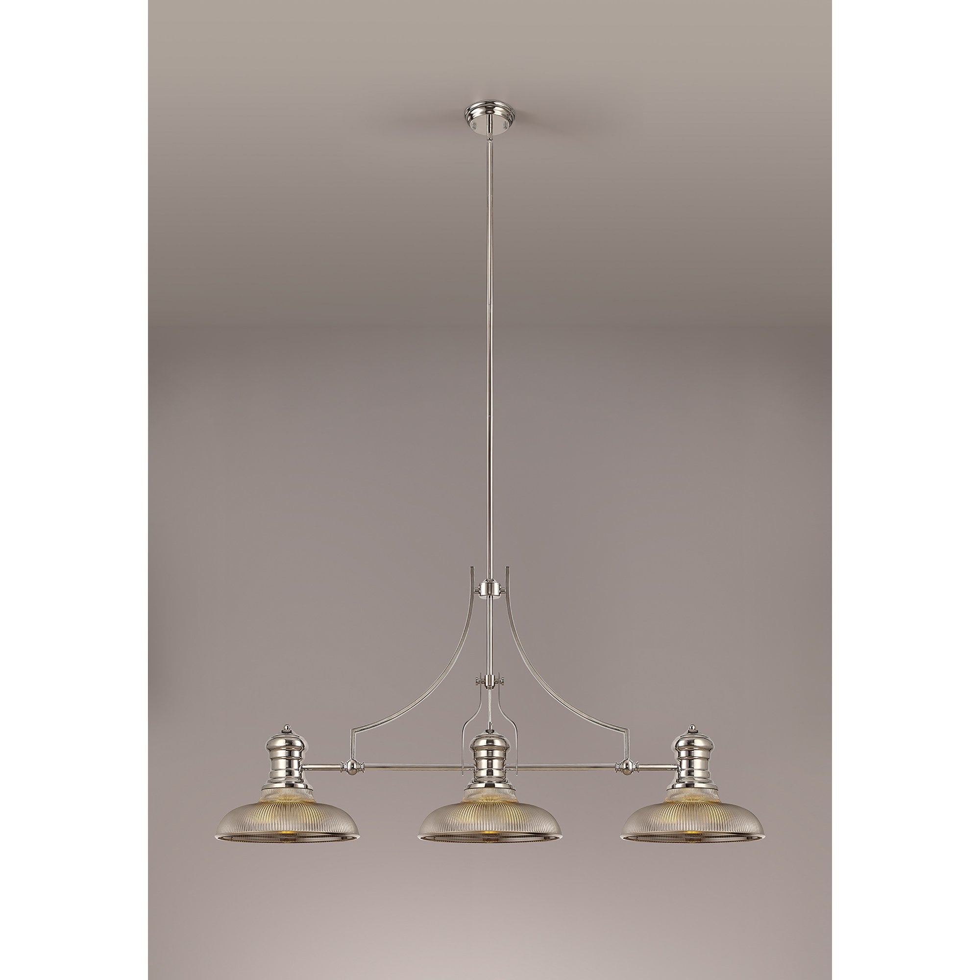 NLK03659 Louis 3 Light Telescopic Pendant With 30cm Round Glass Shade Polished Nickel/Smoked