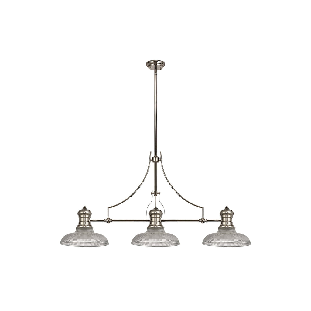 NLK03669 Louis 3 Light Telescopic Pendant With 30cm Round Glass Shade Polished Nickel/Clear