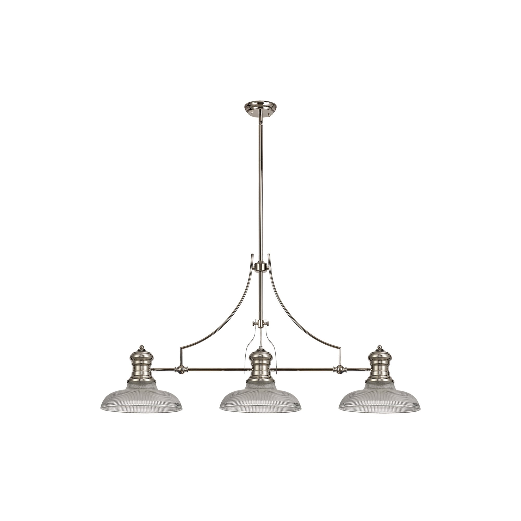 NLK03669 Louis 3 Light Telescopic Pendant With 30cm Round Glass Shade Polished Nickel/Clear