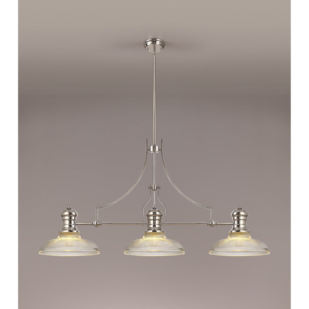 NLK03669 Louis 3 Light Telescopic Pendant With 30cm Round Glass Shade Polished Nickel/Clear