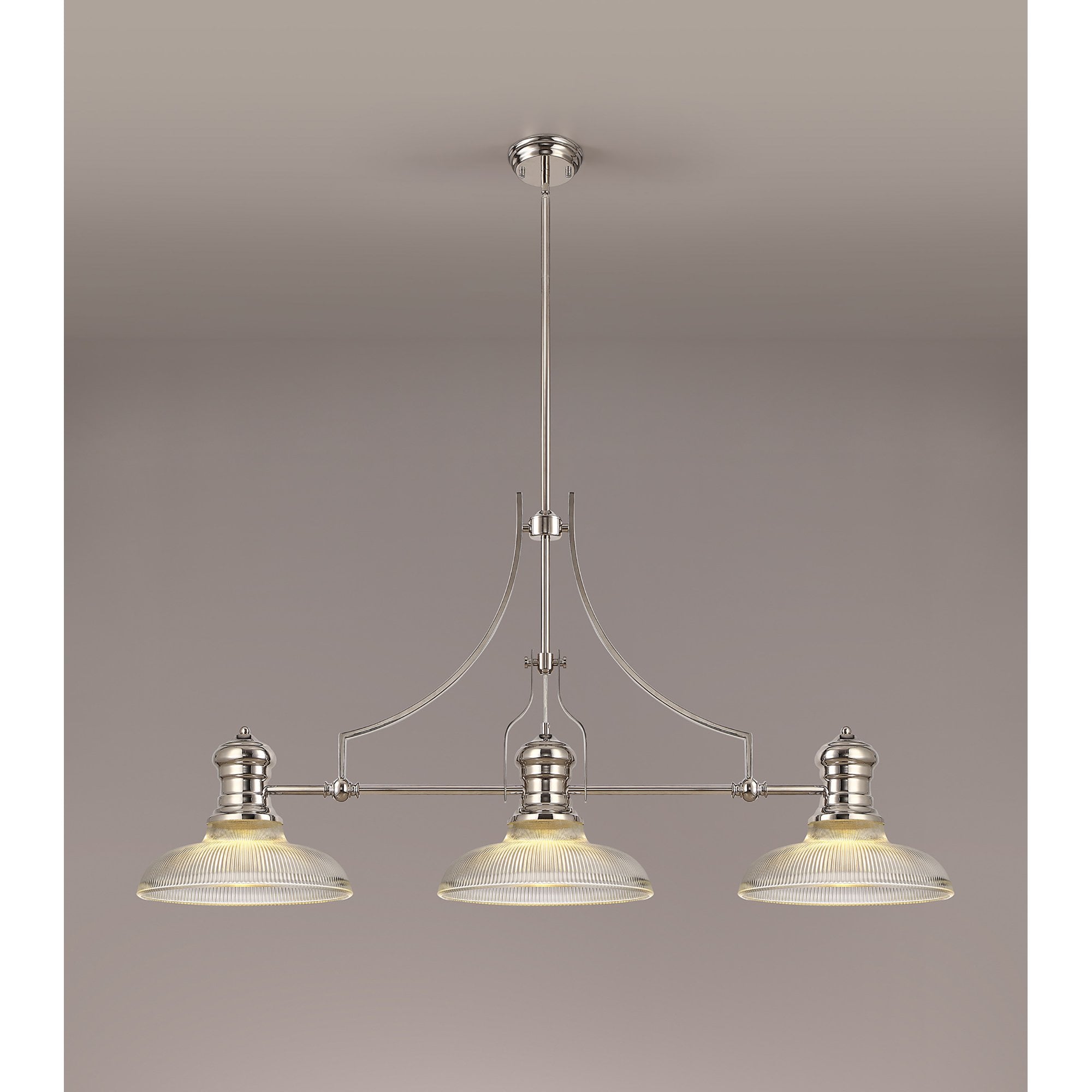 NLK03669 Louis 3 Light Telescopic Pendant With 30cm Round Glass Shade Polished Nickel/Clear
