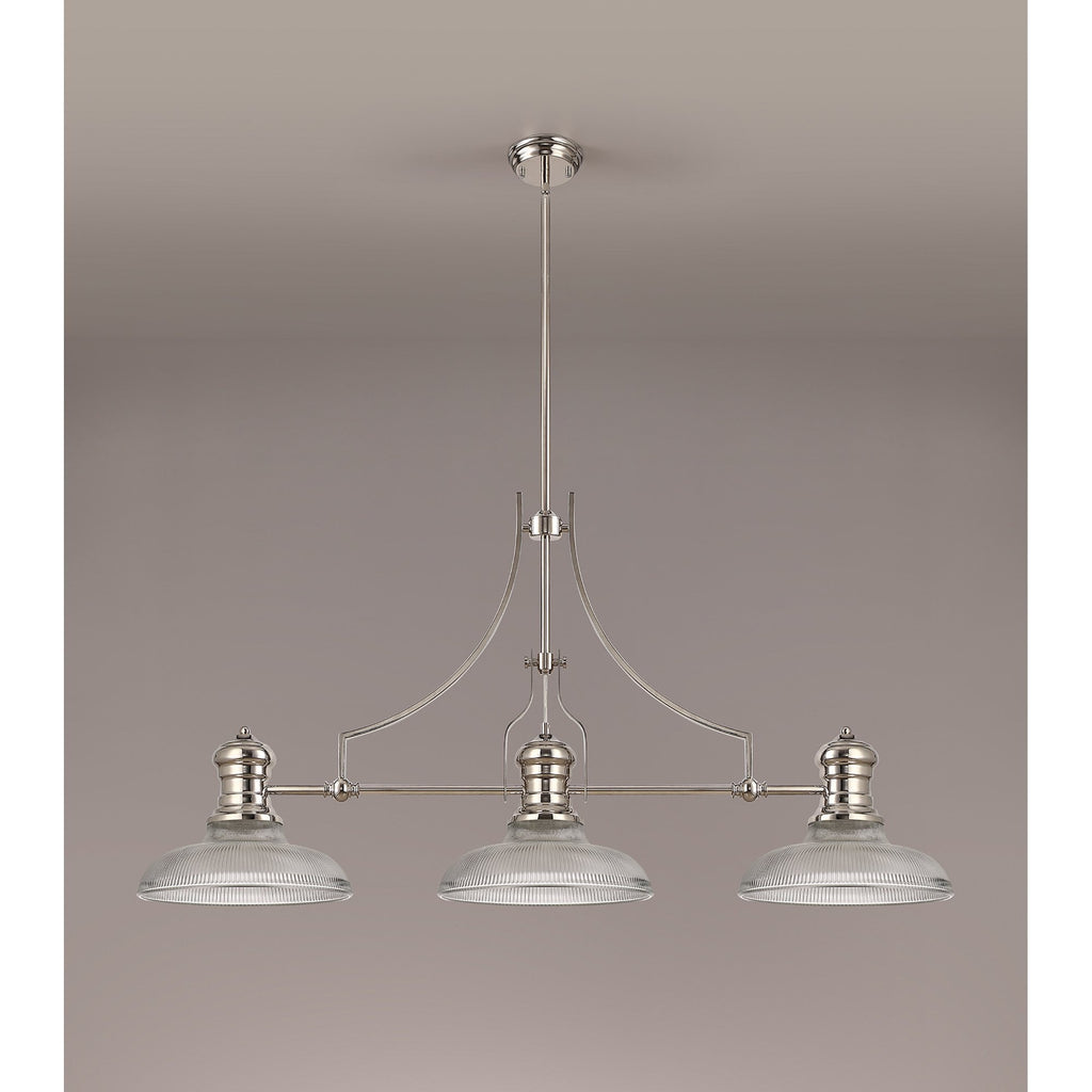 NLK03669 Louis 3 Light Telescopic Pendant With 30cm Round Glass Shade Polished Nickel/Clear