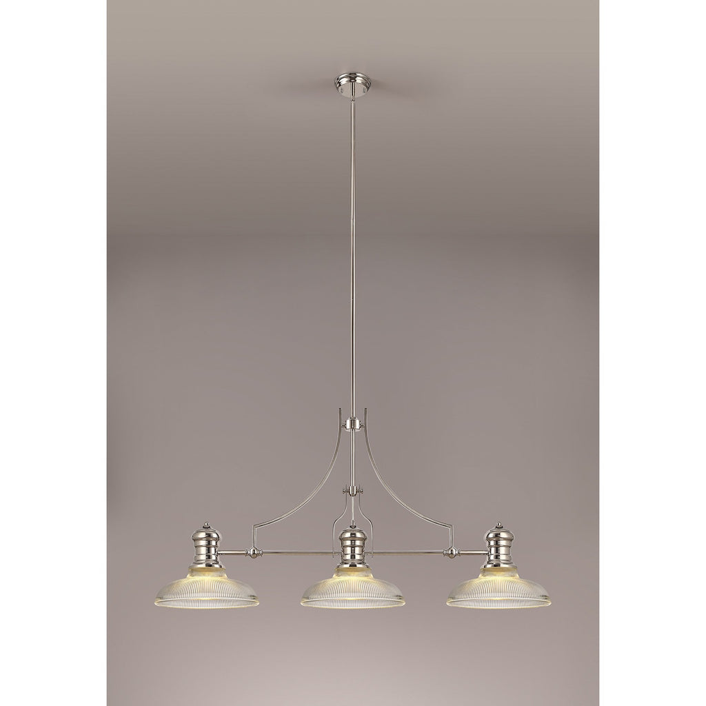 NLK03669 Louis 3 Light Telescopic Pendant With 30cm Round Glass Shade Polished Nickel/Clear