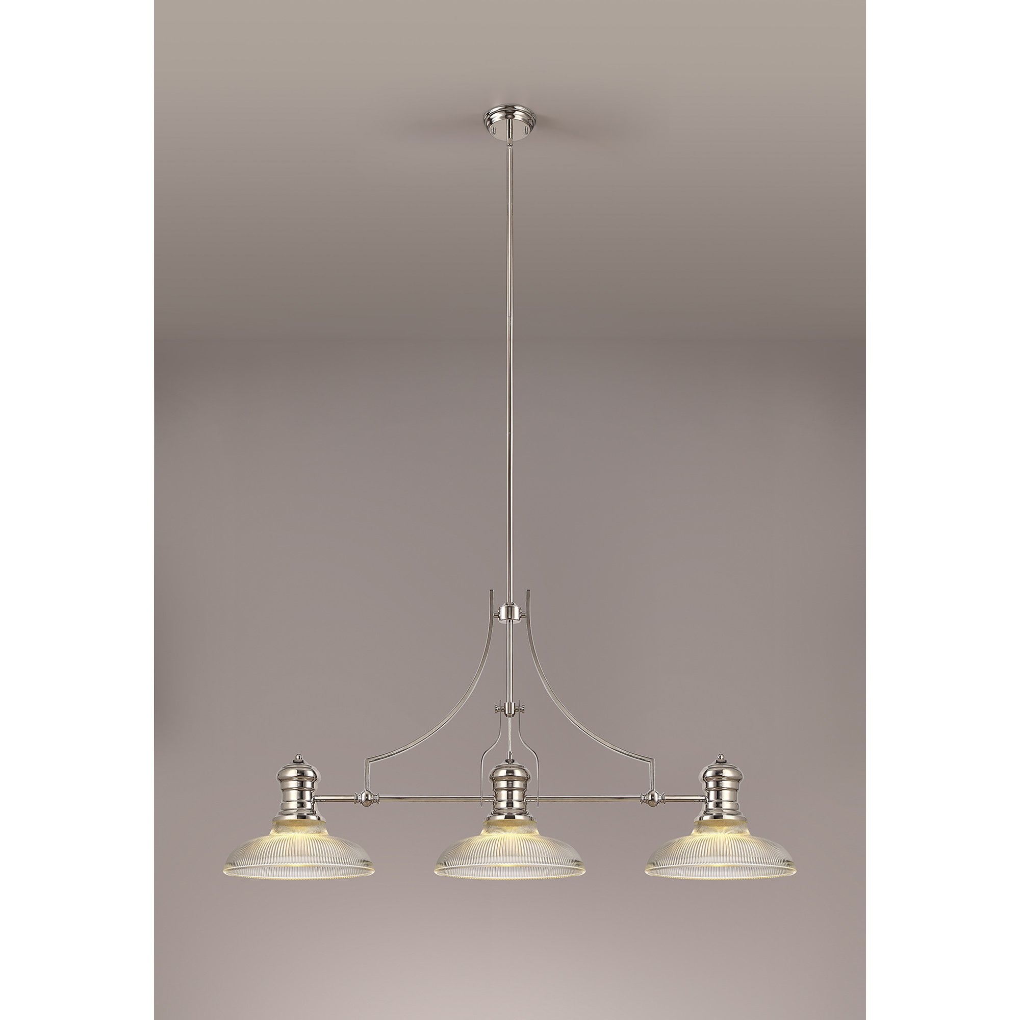 NLK03669 Louis 3 Light Telescopic Pendant With 30cm Round Glass Shade Polished Nickel/Clear
