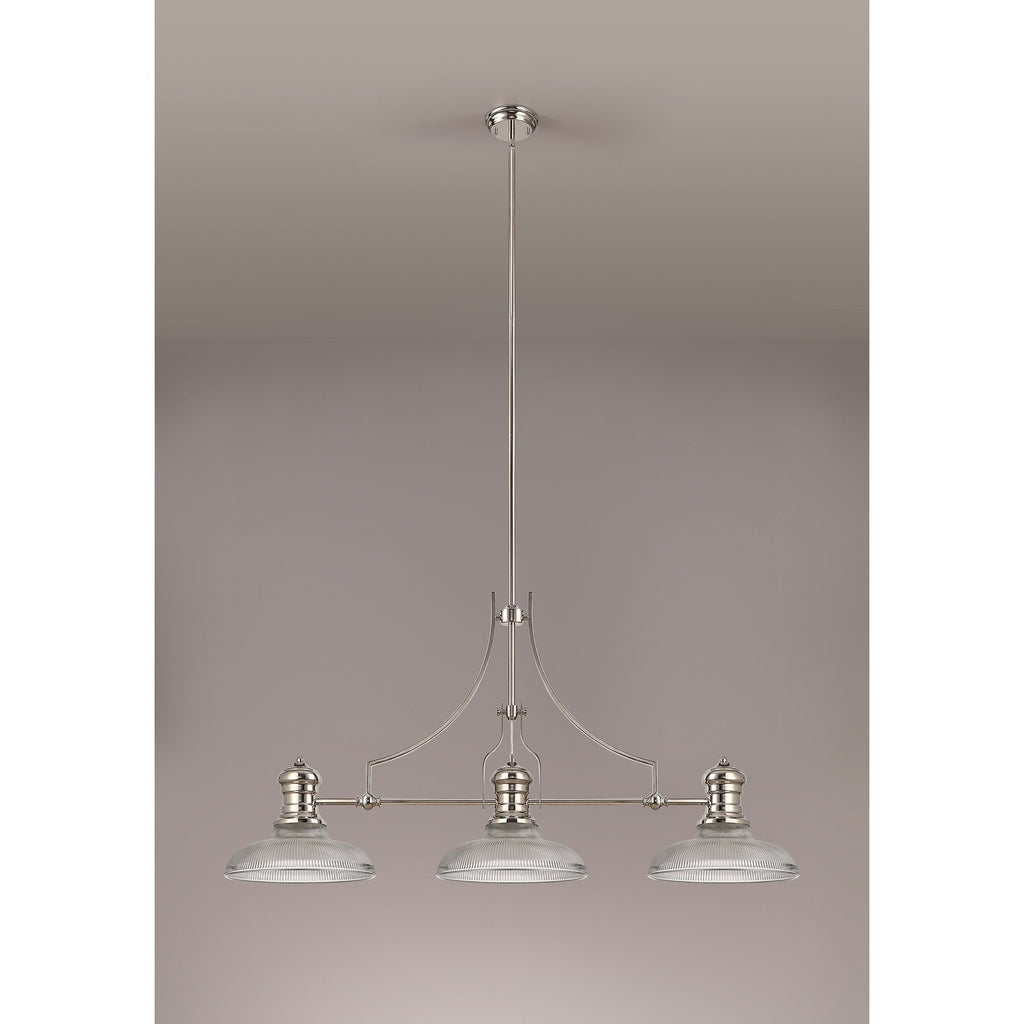 NLK03669 Louis 3 Light Telescopic Pendant With 30cm Round Glass Shade Polished Nickel/Clear