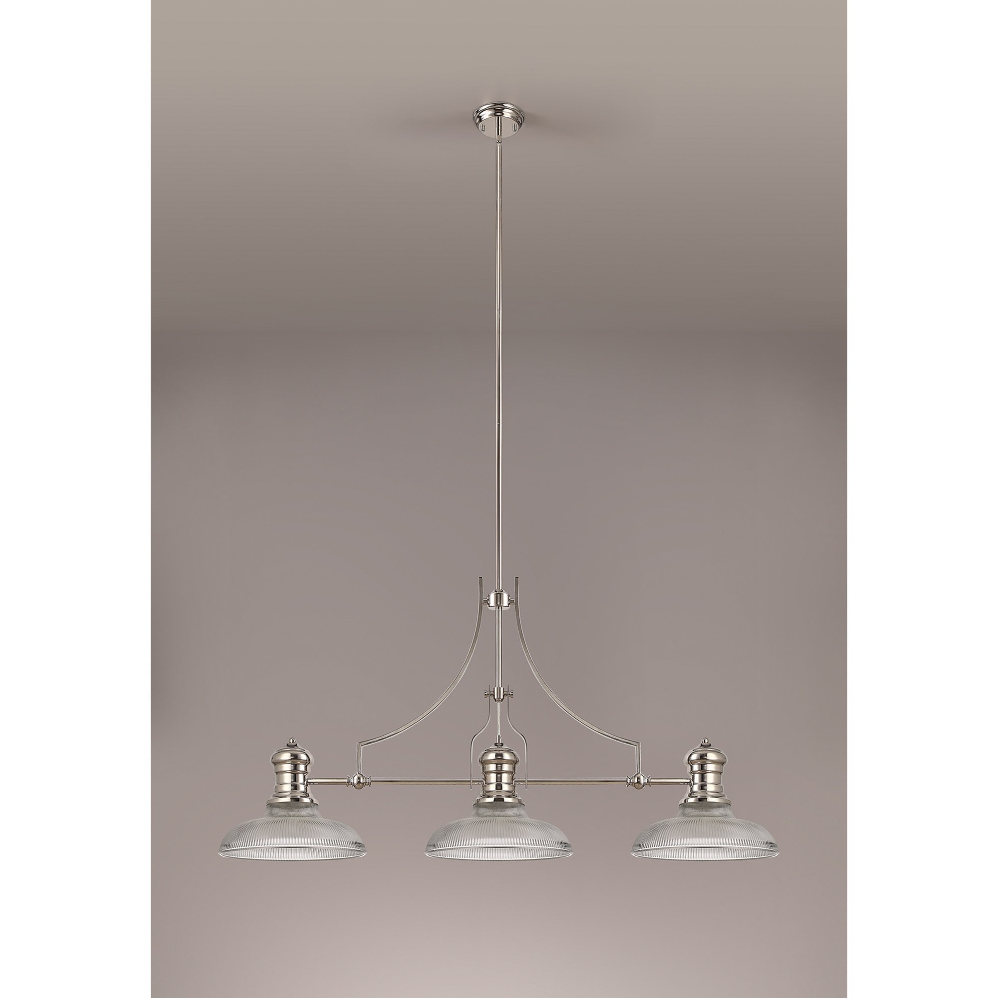 NLK03669 Louis 3 Light Telescopic Pendant With 30cm Round Glass Shade Polished Nickel/Clear