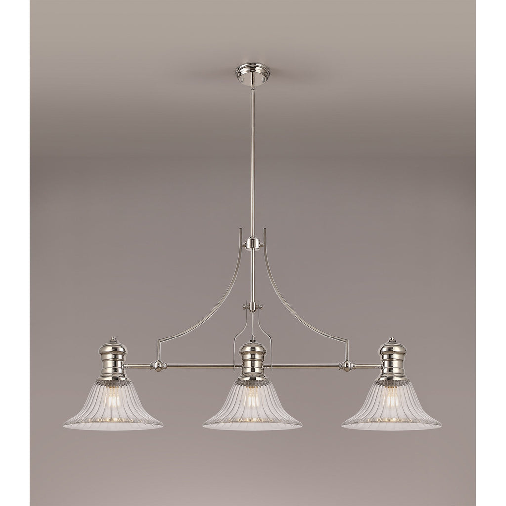 NLK03679 Louis 3 Light Telescopic Pendant With 30cm Bell Glass Shade Polished Nickel/Clear