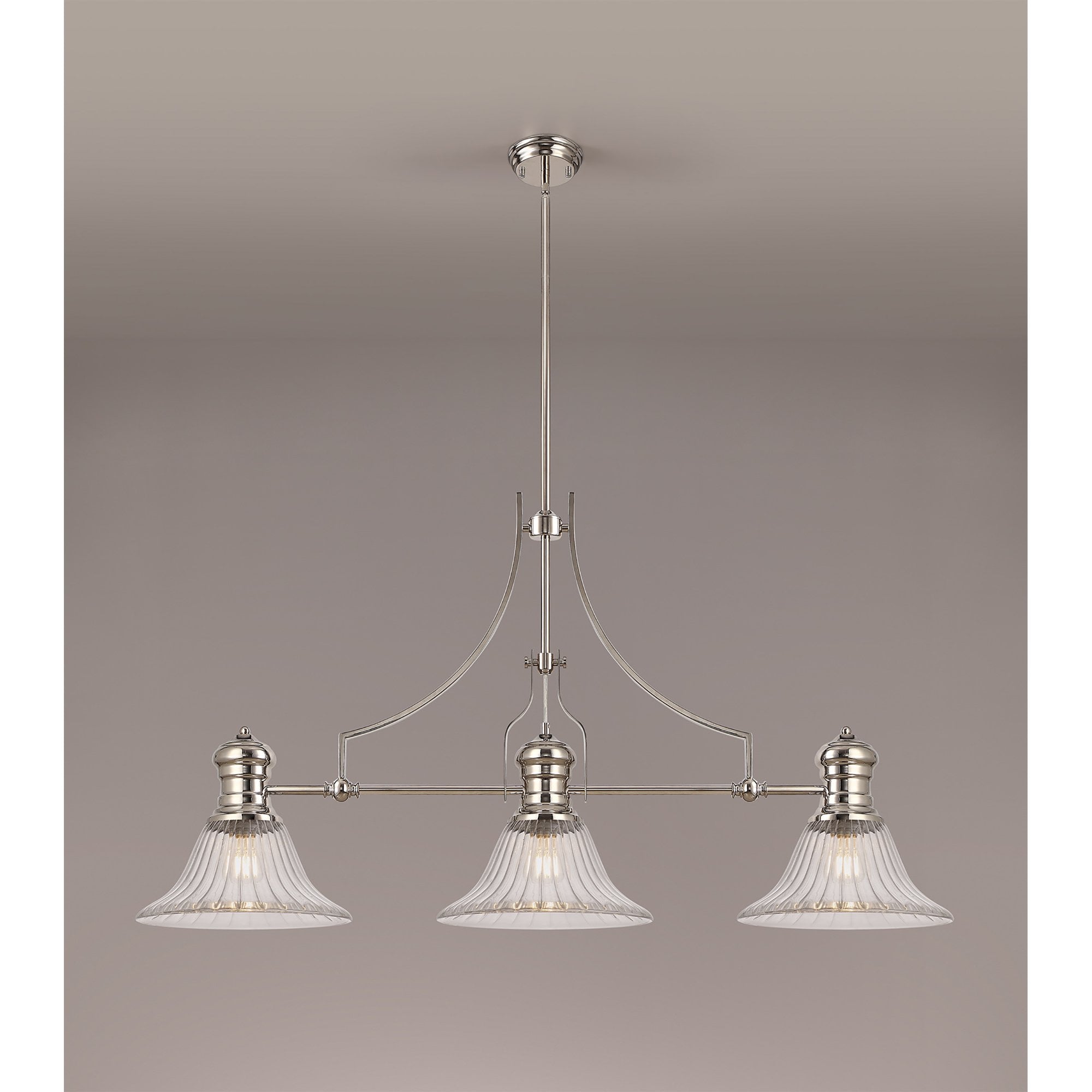 NLK03679 Louis 3 Light Telescopic Pendant With 30cm Bell Glass Shade Polished Nickel/Clear