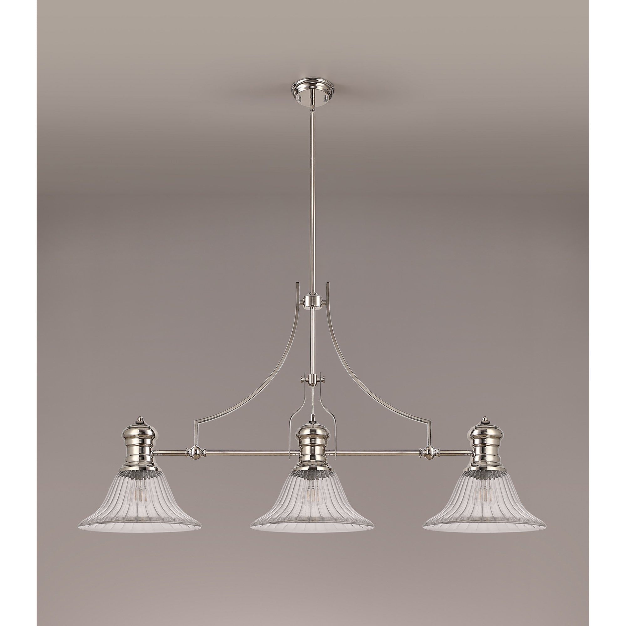 NLK03679 Louis 3 Light Telescopic Pendant With 30cm Bell Glass Shade Polished Nickel/Clear