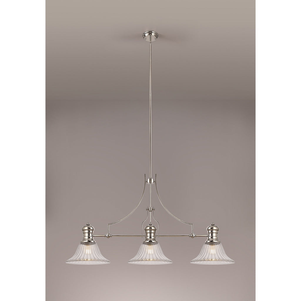 NLK03679 Louis 3 Light Telescopic Pendant With 30cm Bell Glass Shade Polished Nickel/Clear