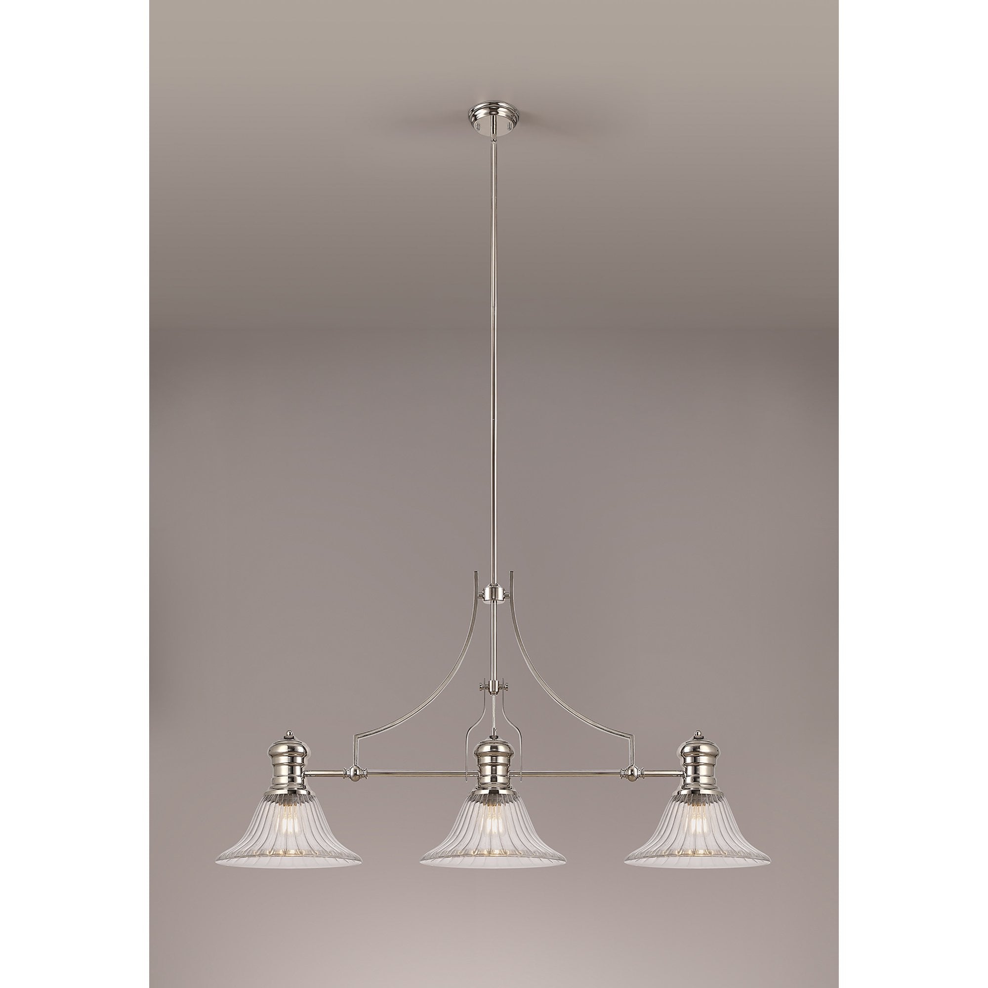 NLK03679 Louis 3 Light Telescopic Pendant With 30cm Bell Glass Shade Polished Nickel/Clear