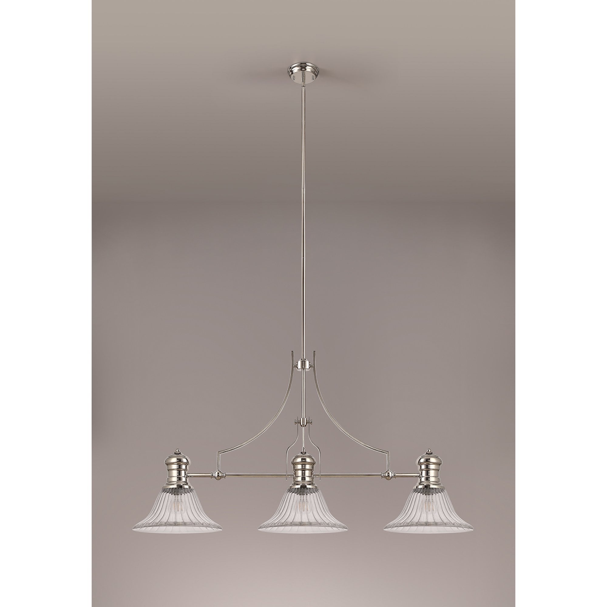 NLK03679 Louis 3 Light Telescopic Pendant With 30cm Bell Glass Shade Polished Nickel/Clear