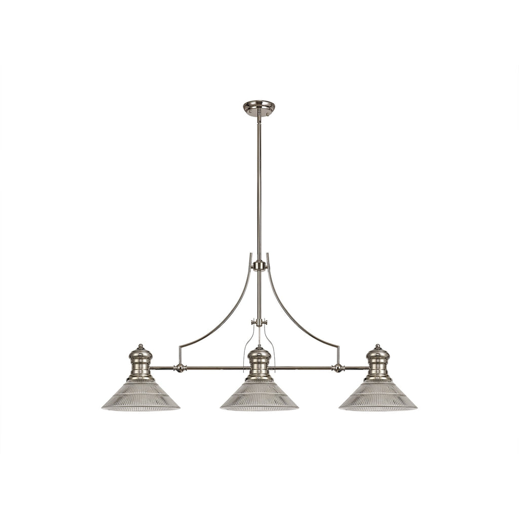 NLK03689 Louis 3 Light Telescopic Pendant With 30cm Cone Glass Shade Polished Nickel/Clear