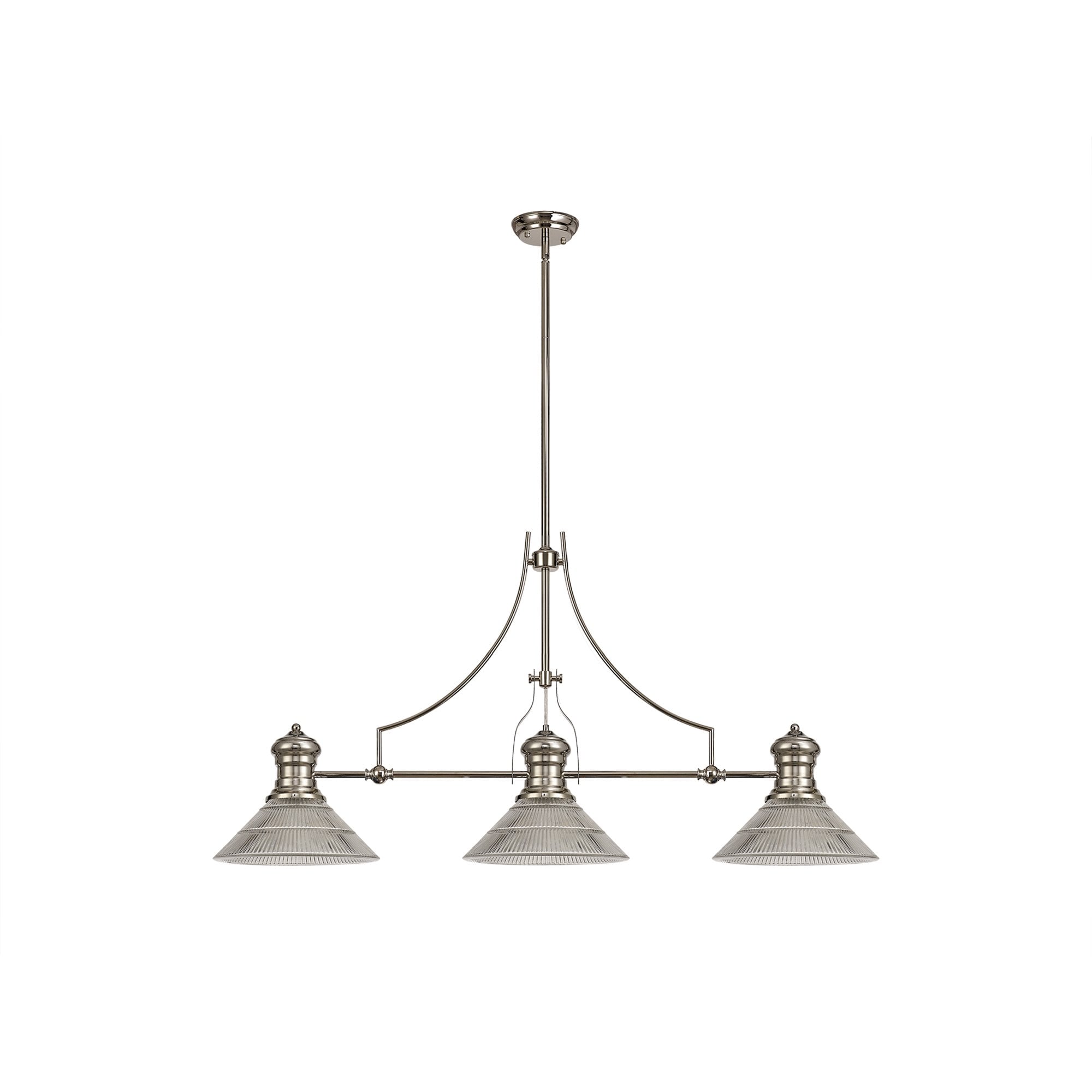 NLK03689 Louis 3 Light Telescopic Pendant With 30cm Cone Glass Shade Polished Nickel/Clear