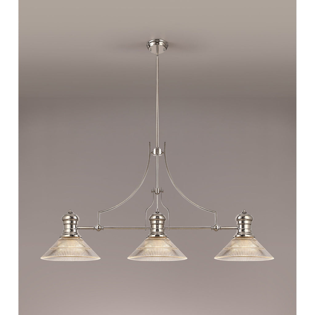 NLK03689 Louis 3 Light Telescopic Pendant With 30cm Cone Glass Shade Polished Nickel/Clear