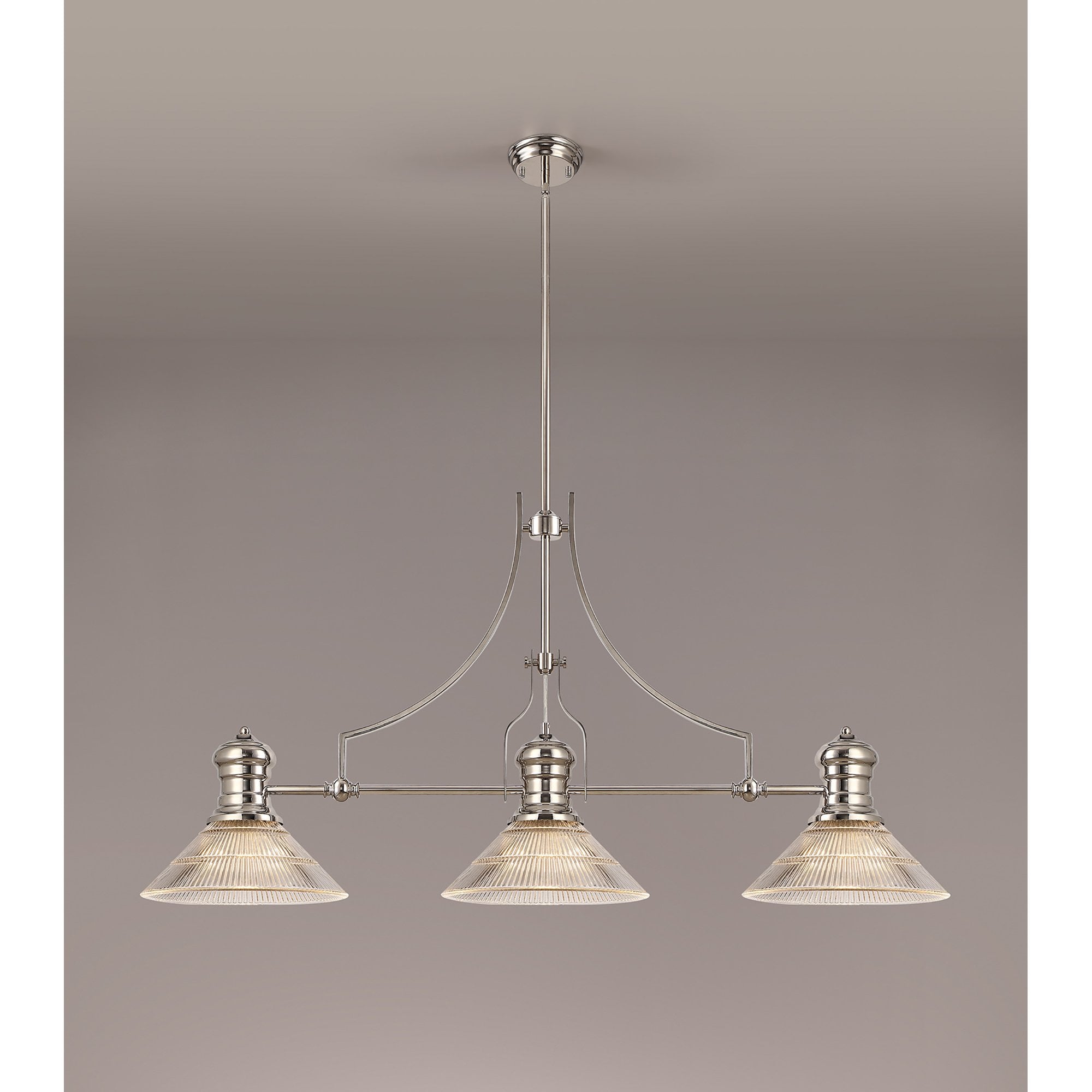 NLK03689 Louis 3 Light Telescopic Pendant With 30cm Cone Glass Shade Polished Nickel/Clear
