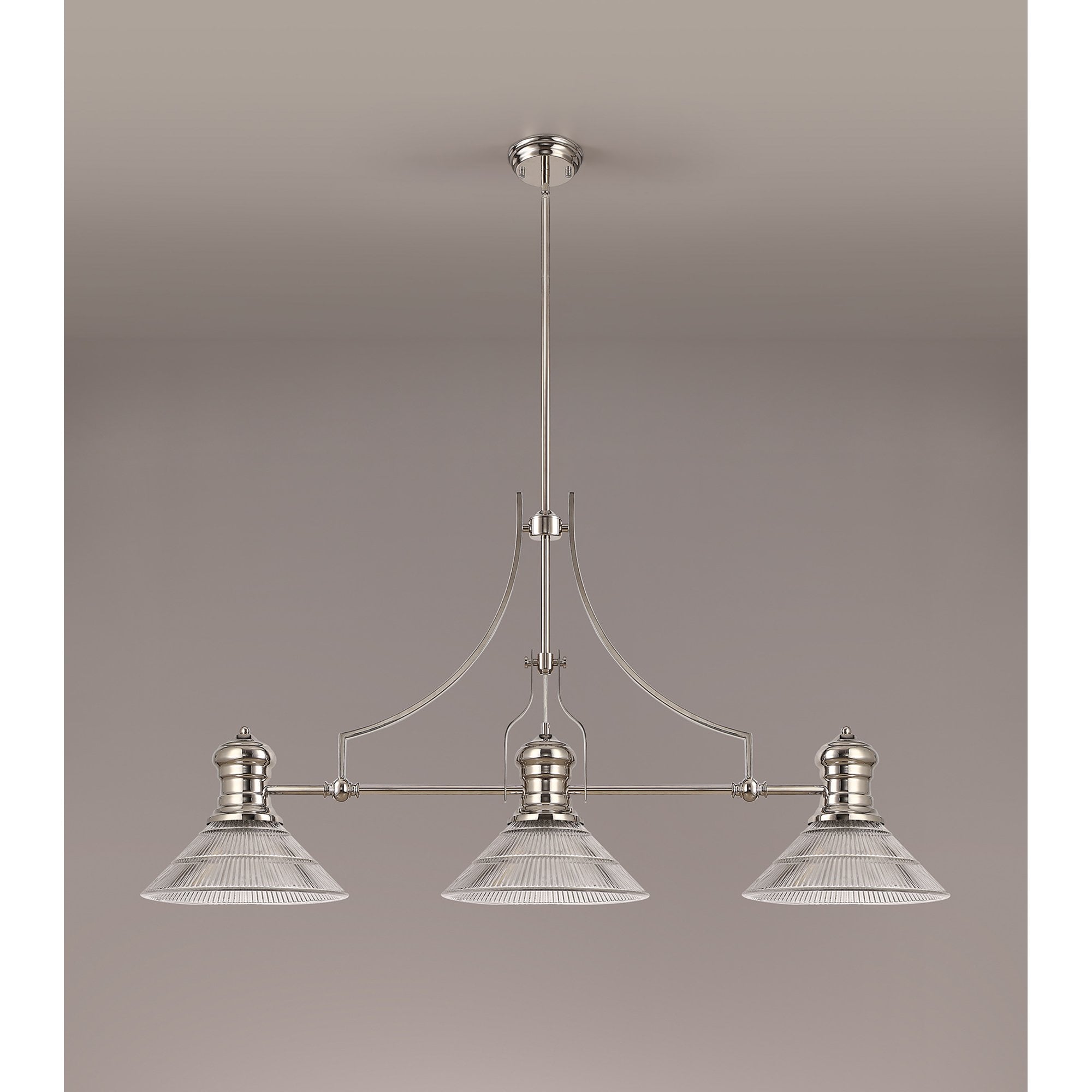 NLK03689 Louis 3 Light Telescopic Pendant With 30cm Cone Glass Shade Polished Nickel/Clear
