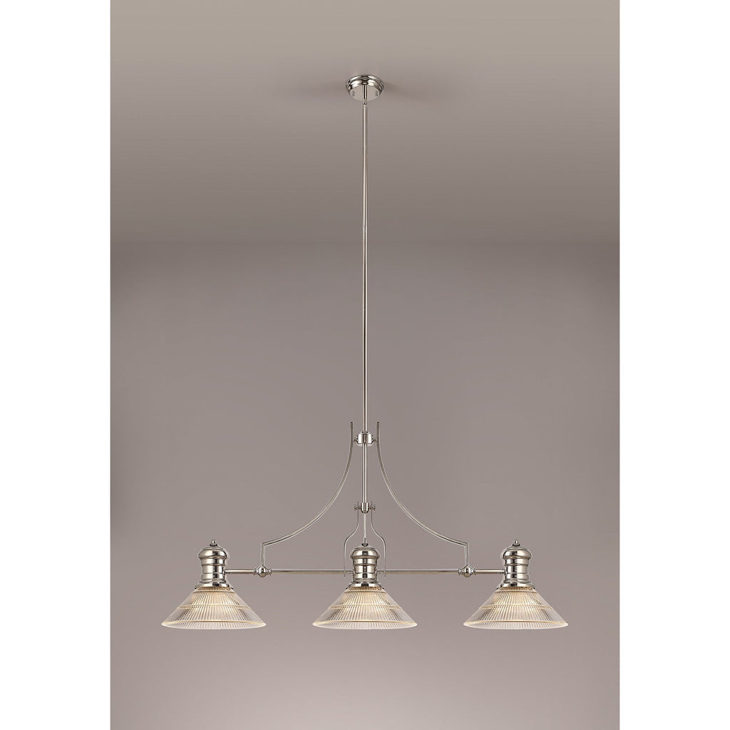 NLK03689 Louis 3 Light Telescopic Pendant With 30cm Cone Glass Shade Polished Nickel/Clear