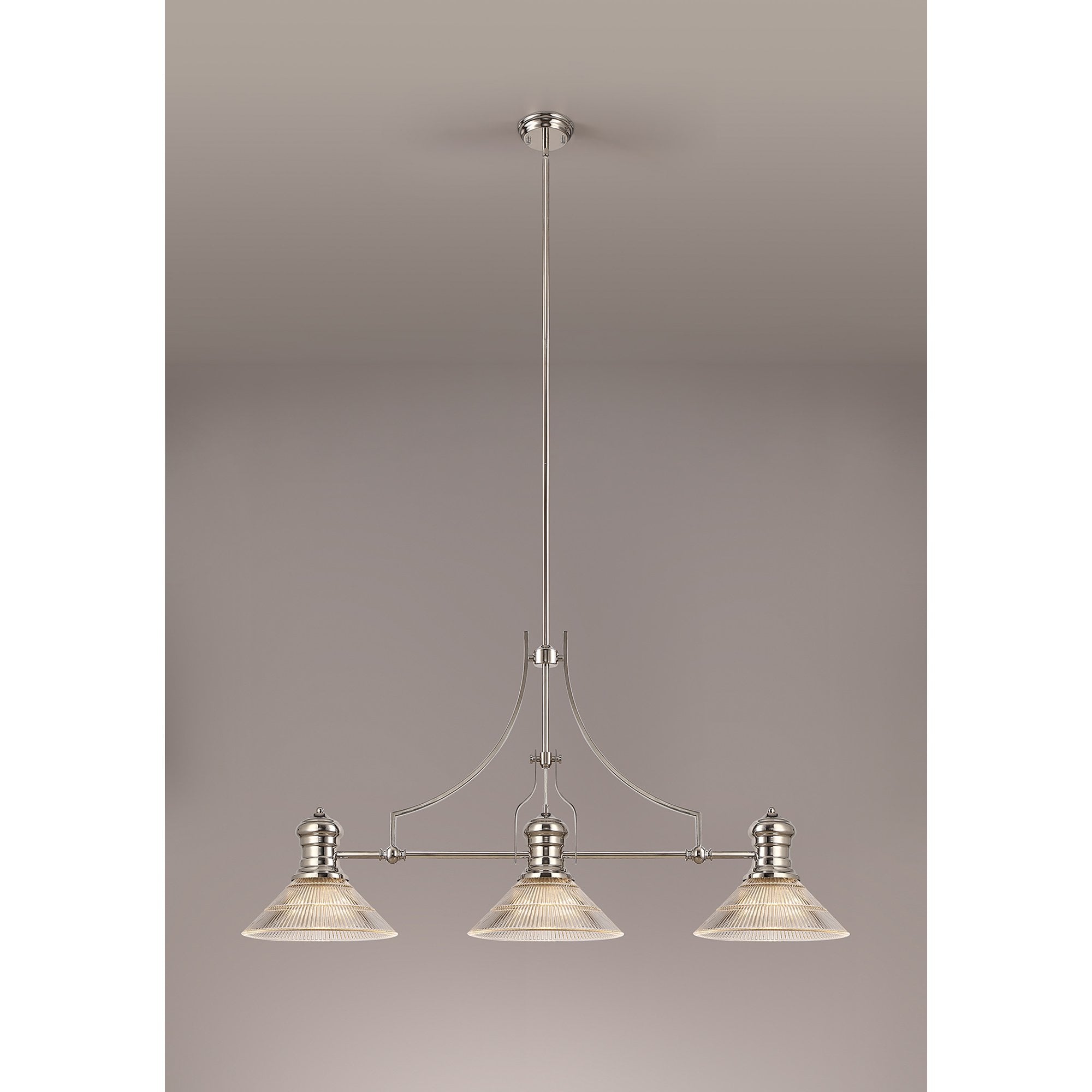 NLK03689 Louis 3 Light Telescopic Pendant With 30cm Cone Glass Shade Polished Nickel/Clear