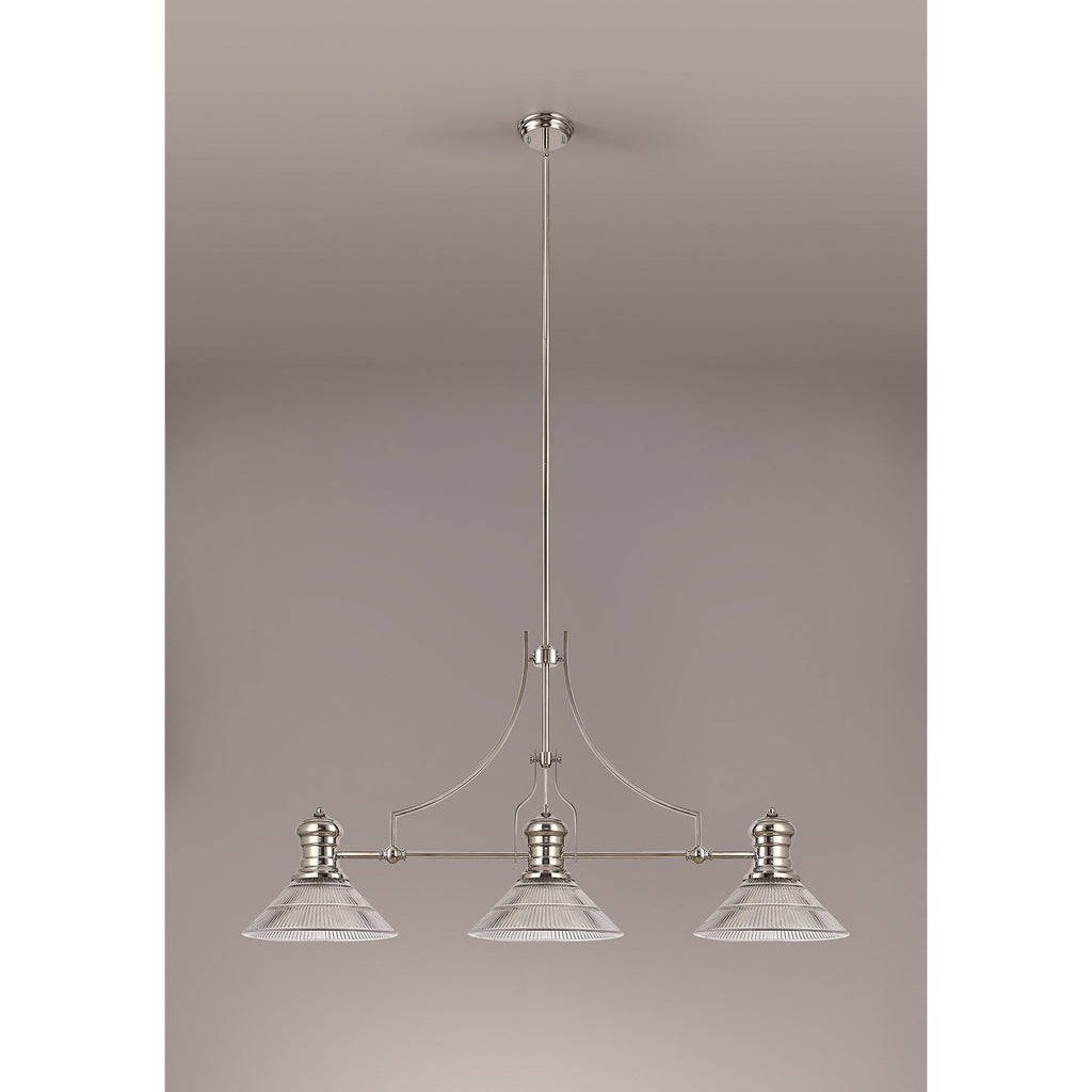 NLK03689 Louis 3 Light Telescopic Pendant With 30cm Cone Glass Shade Polished Nickel/Clear