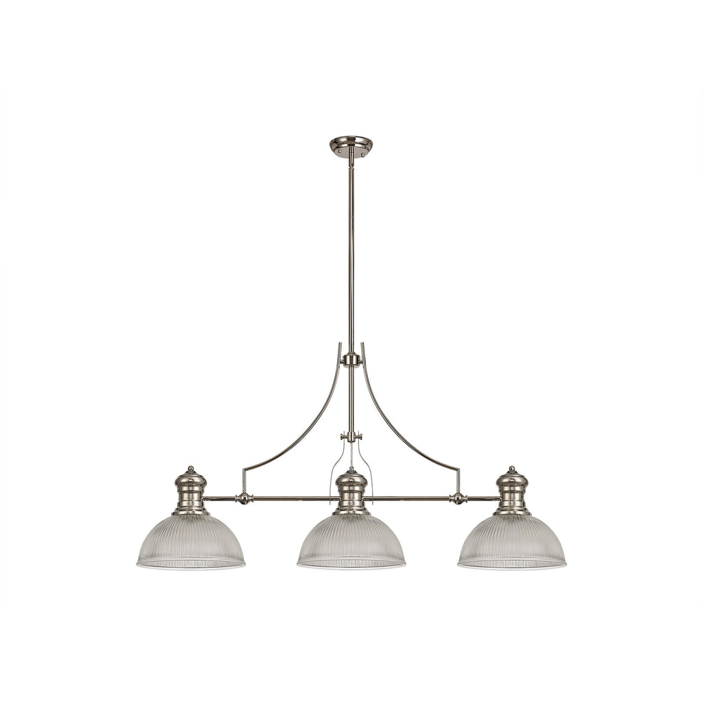 NLK03699 Louis 3 Light Telescopic Pendant With 30cm Dome Glass Shade Polished Nickel/Clear