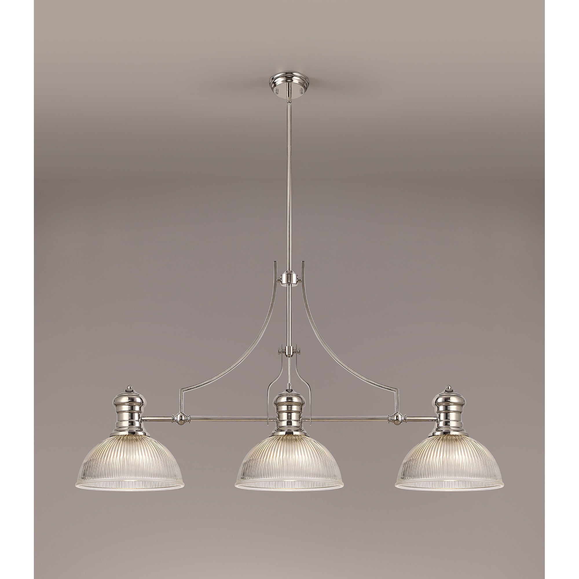 NLK03699 Louis 3 Light Telescopic Pendant With 30cm Dome Glass Shade Polished Nickel/Clear