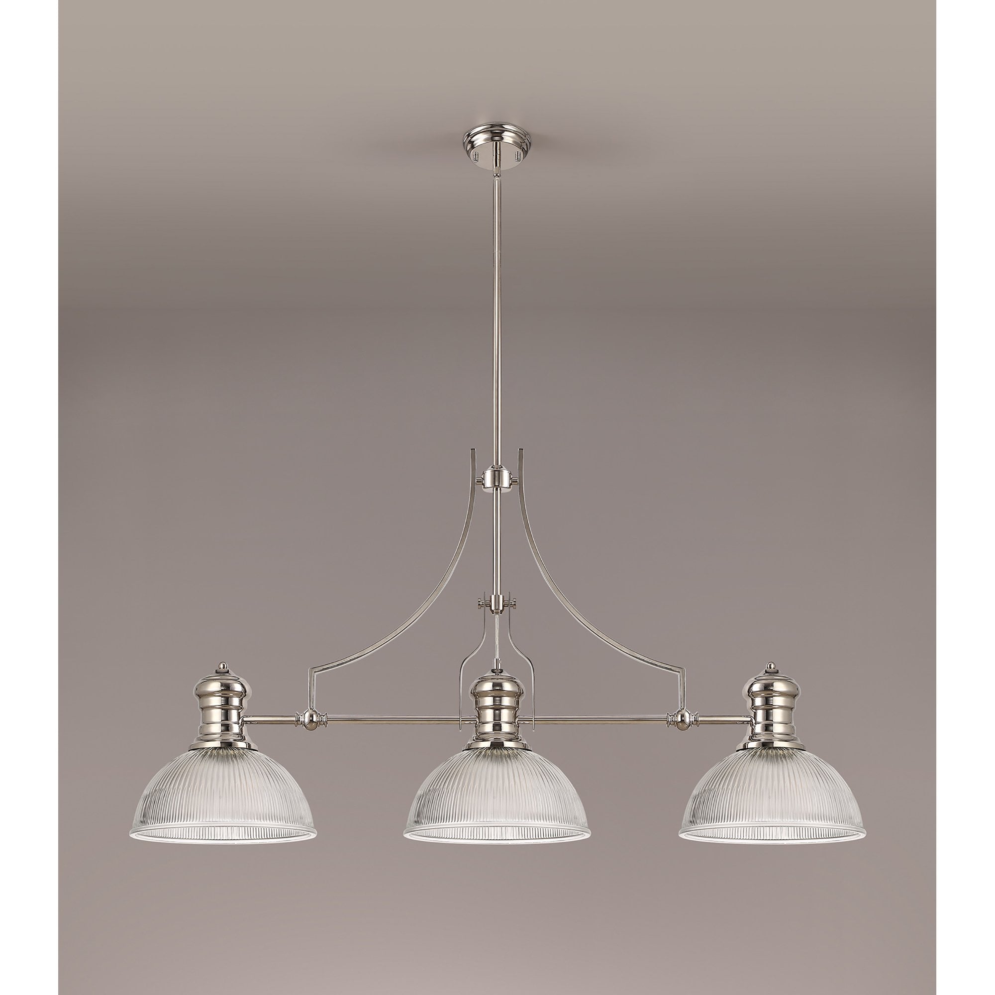 NLK03699 Louis 3 Light Telescopic Pendant With 30cm Dome Glass Shade Polished Nickel/Clear