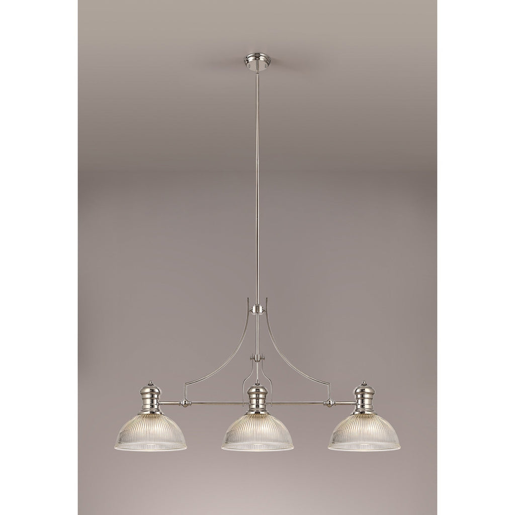 NLK03699 Louis 3 Light Telescopic Pendant With 30cm Dome Glass Shade Polished Nickel/Clear