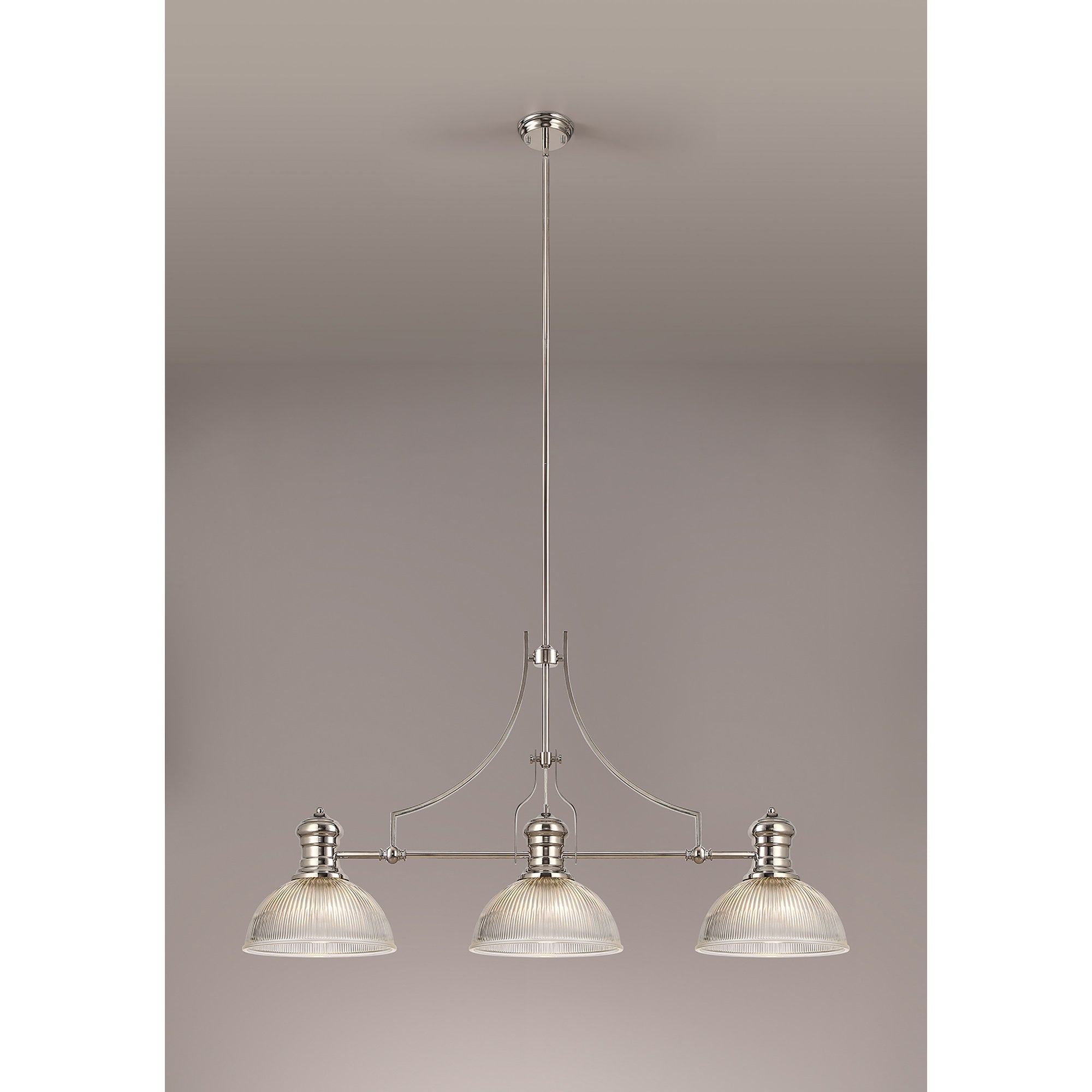 NLK03699 Louis 3 Light Telescopic Pendant With 30cm Dome Glass Shade Polished Nickel/Clear