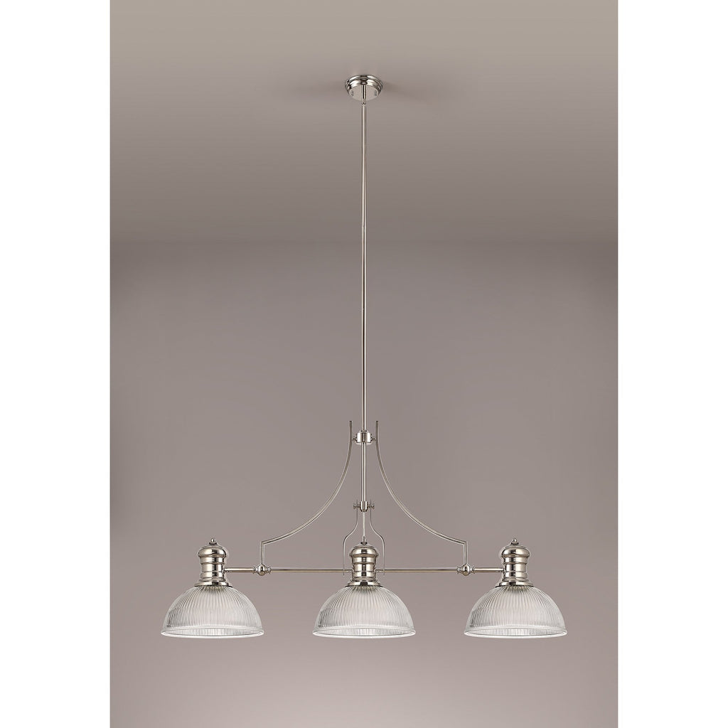 NLK03699 Louis 3 Light Telescopic Pendant With 30cm Dome Glass Shade Polished Nickel/Clear