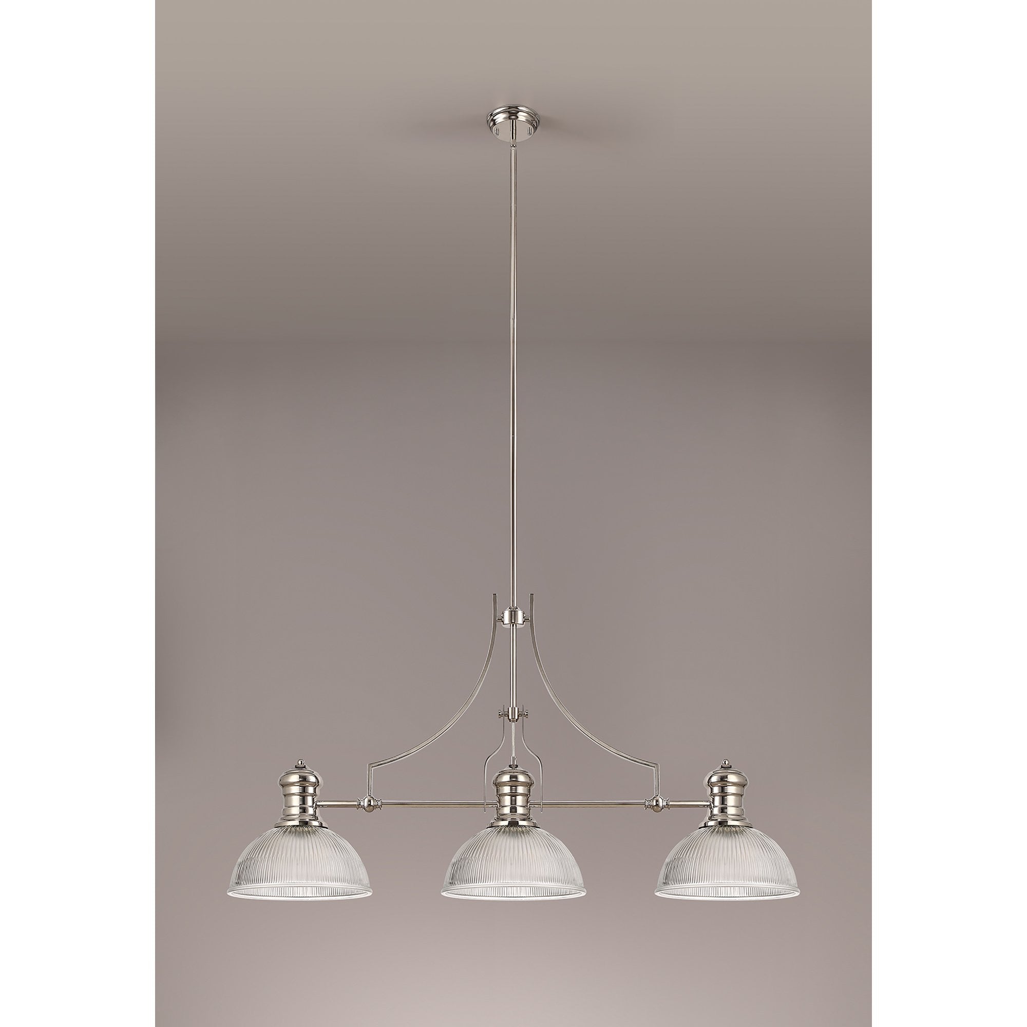 NLK03699 Louis 3 Light Telescopic Pendant With 30cm Dome Glass Shade Polished Nickel/Clear