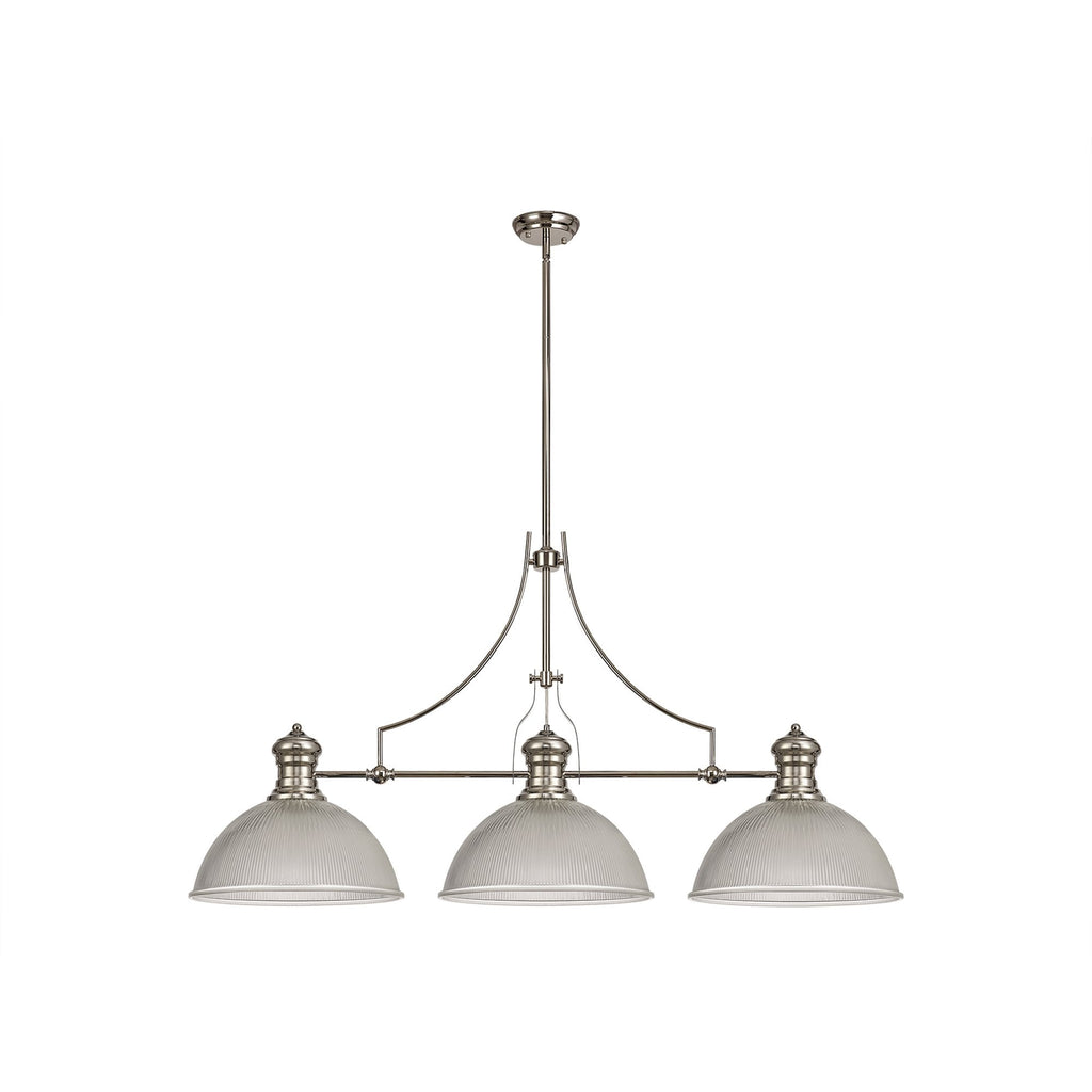 NLK03709 Louis 3 Light Telescopic Pendant With 38cm Dome Glass Shade Polished Nickel/Clear