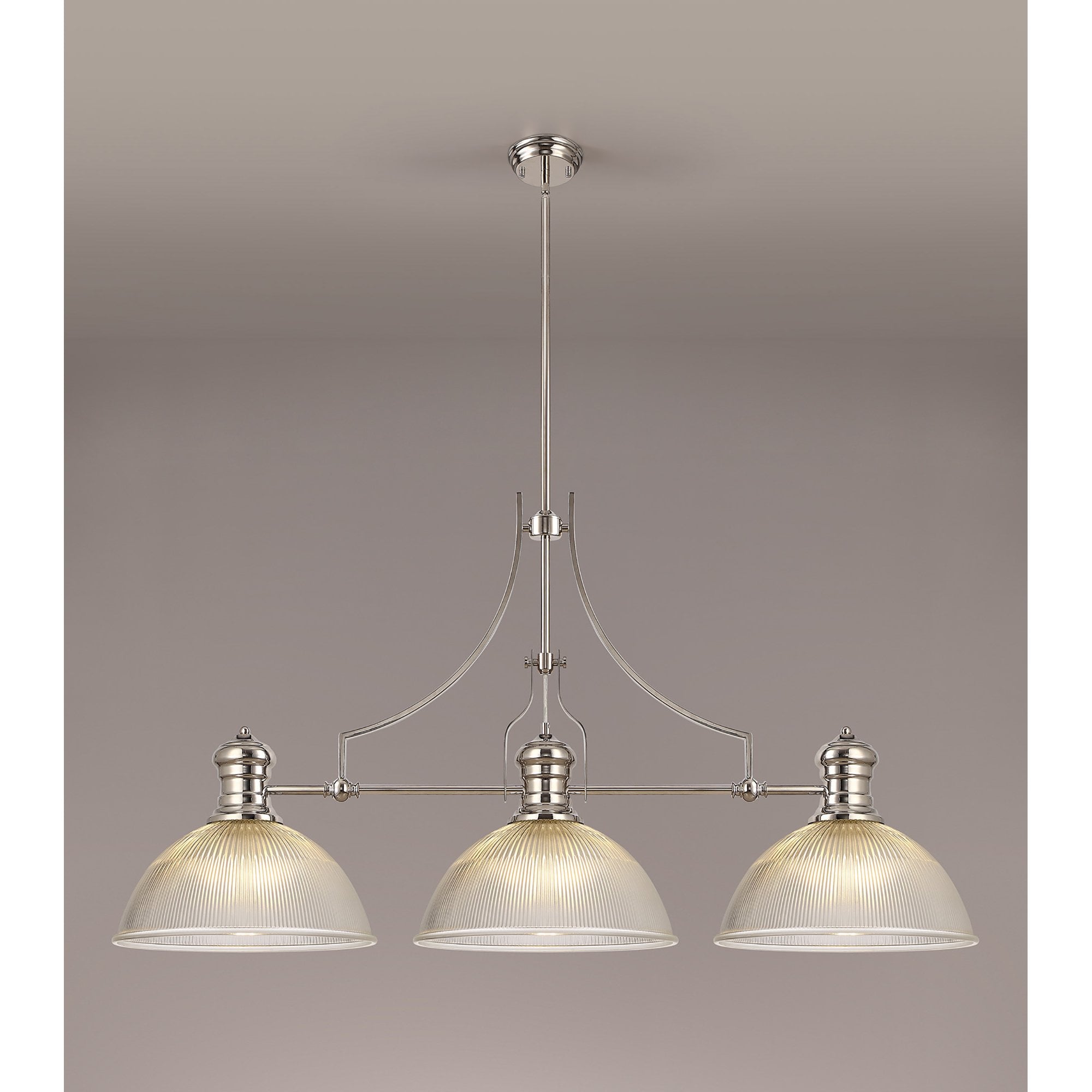 NLK03709 Louis 3 Light Telescopic Pendant With 38cm Dome Glass Shade Polished Nickel/Clear